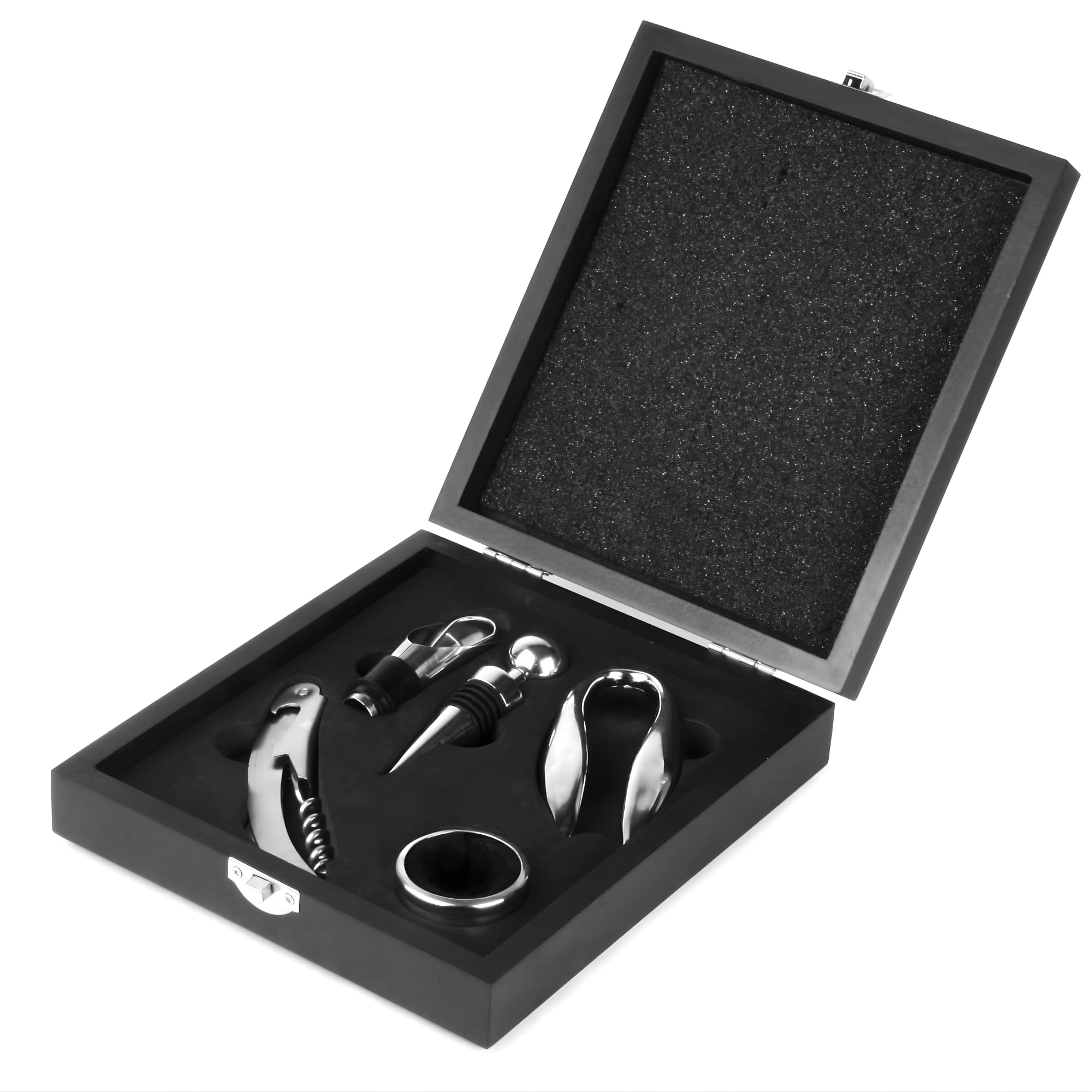 Bar@Drinkstuff Stainless Steel The Wine Connoisseur's Accessories Gift Set With Waiters Friend Corkscrew, Wine Collar, Foil Cutter, Bottle Stopper & Pourer In Gift Box Wine Set, Wine Tools Set