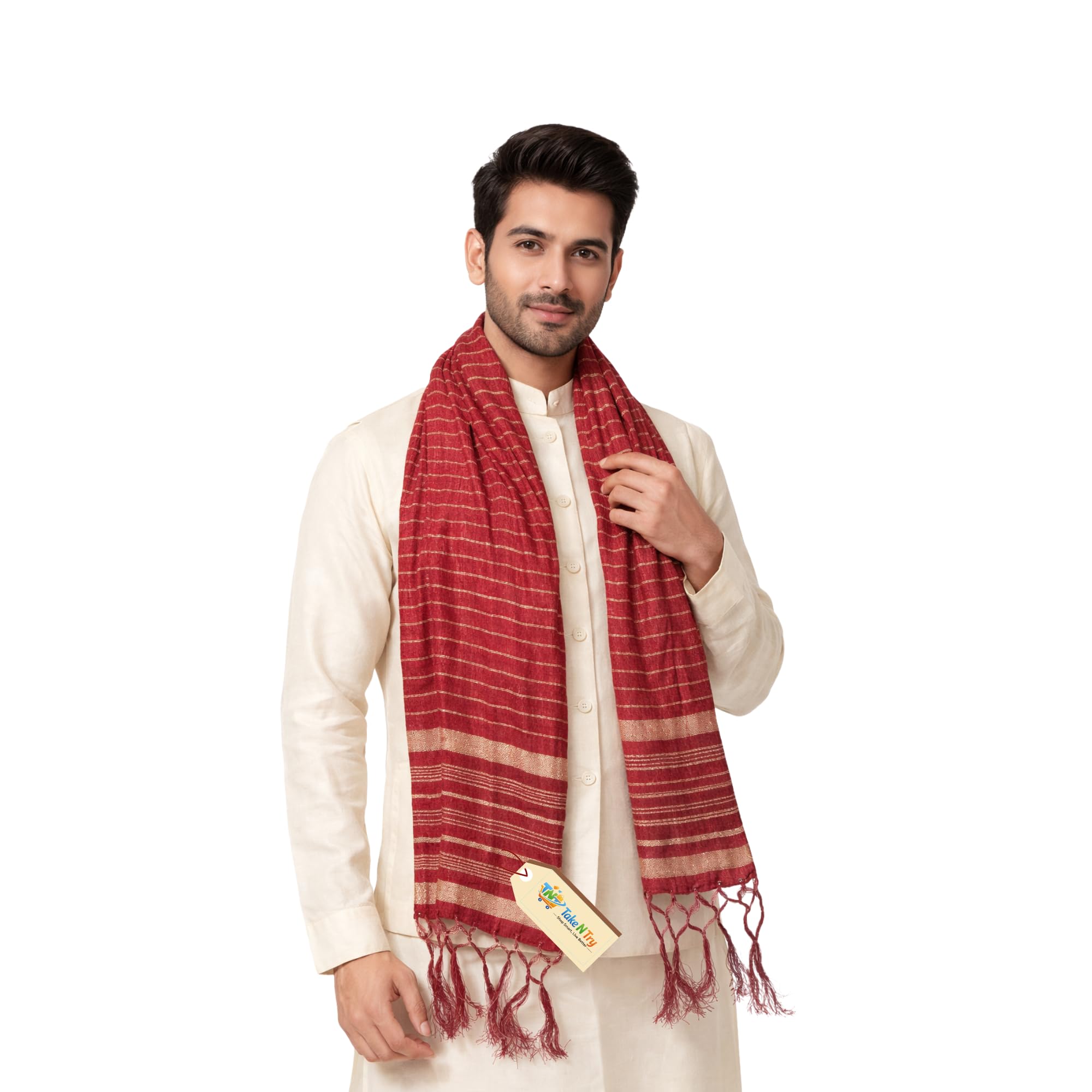 Men’s Silk Crush Wedding Sherwani Stole | Size 90 x 12 Inch (30 x 250 cm) Traditional Dupatta/Chunni with Tassels for Groom & Festivel Wear | Red with Golden Stripes Scarf for Kurta Pyjama 1 Pcs-image-21