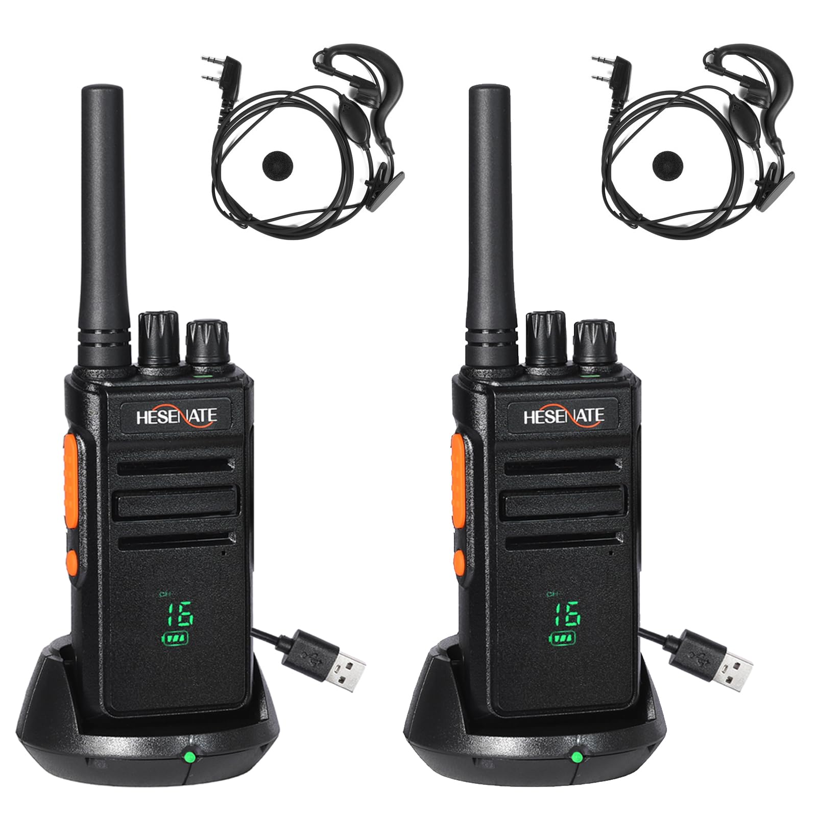 HESENATE HT66 Plus Walkie Talkie sin Licencia,16 Channels con Pantalla,Walkies Profesionales Largo Alcance,con VOX Manos Libres Pinganillo Walkies,para Restaurantes Hotel (2 Pizeas,Negro)