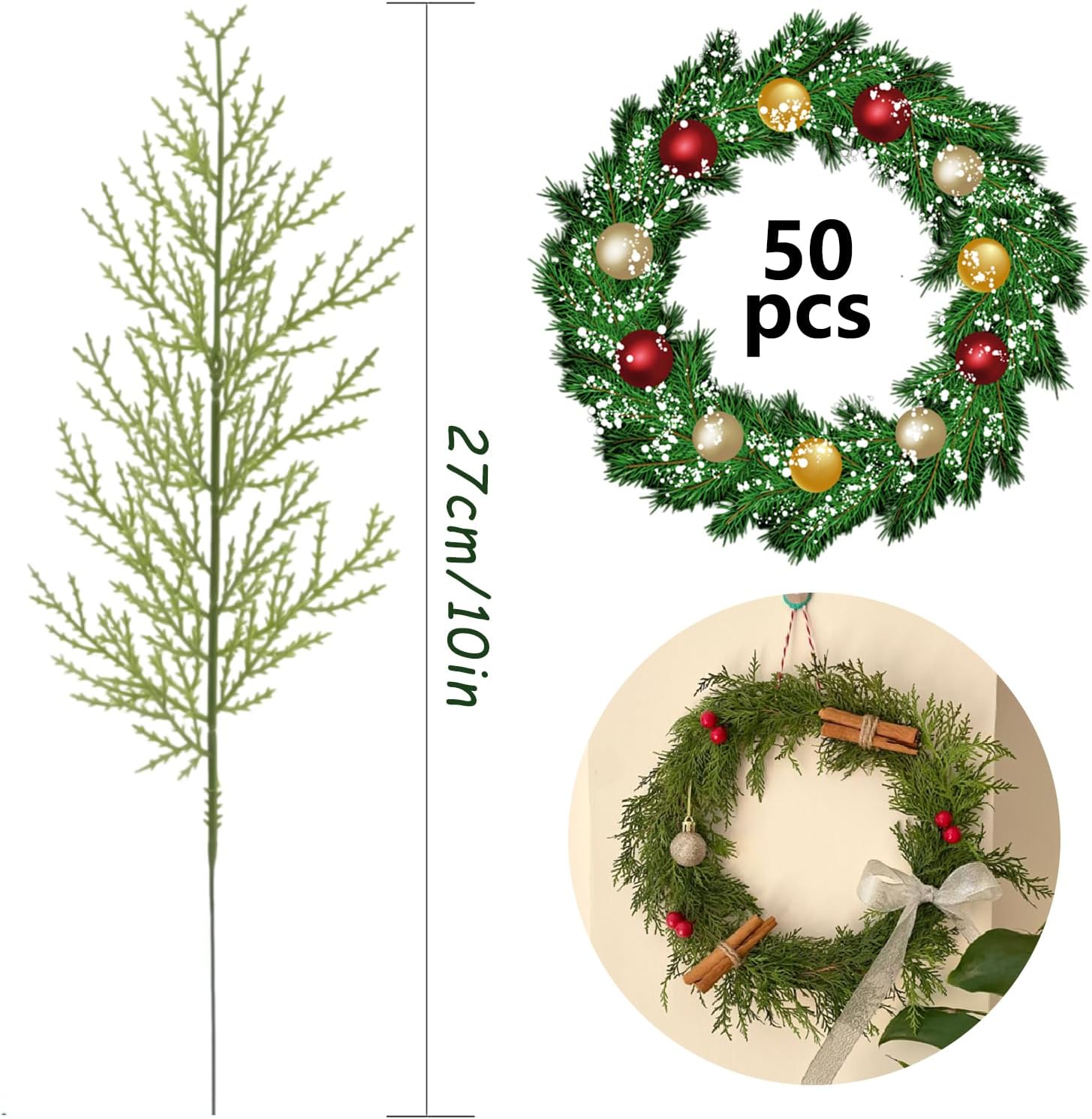 YUE QIN Pack of 50 Artificial Fir Branches, Like Real Green Artificial Pine Branches, 11 Inch Scatter Decoration, Christmas, Pine Leaves Branches, Reusable for Garland, Wreath, Christmas Decoration