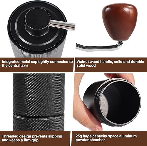 Miniatura 5 de Molinillo de café manual desmontable de acero inoxidable con rebabas cónicas de aluminio con 25 ajustes de molienda, cepillo de limpieza, molienda