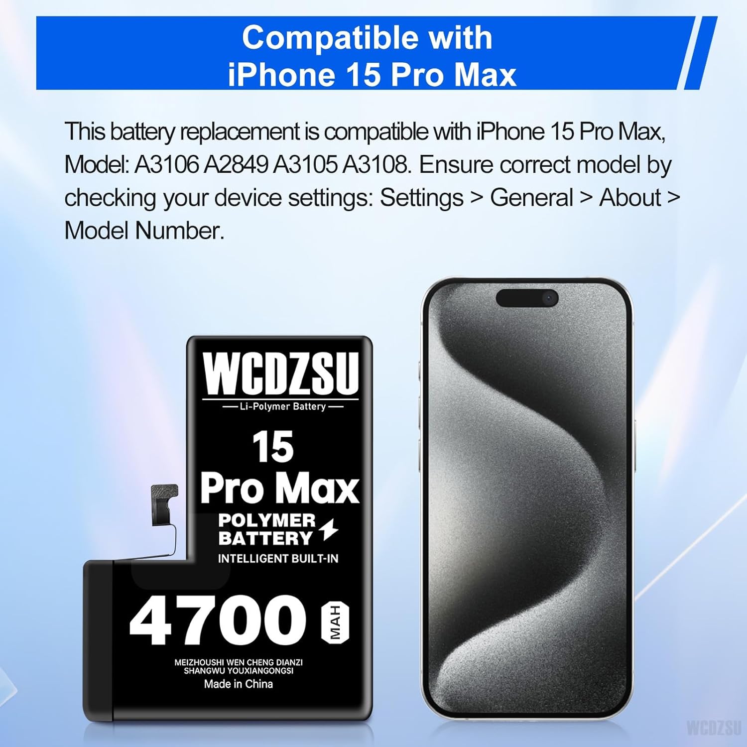 Battery Replacement for iPhone 15 Pro Max 4700mAh High Capacity New 0 Cycle Li-Polymer Battery for iPhone 15 Pro Max with Complete Repair Tool Kit Model A3106 A2849 A3105 A3108