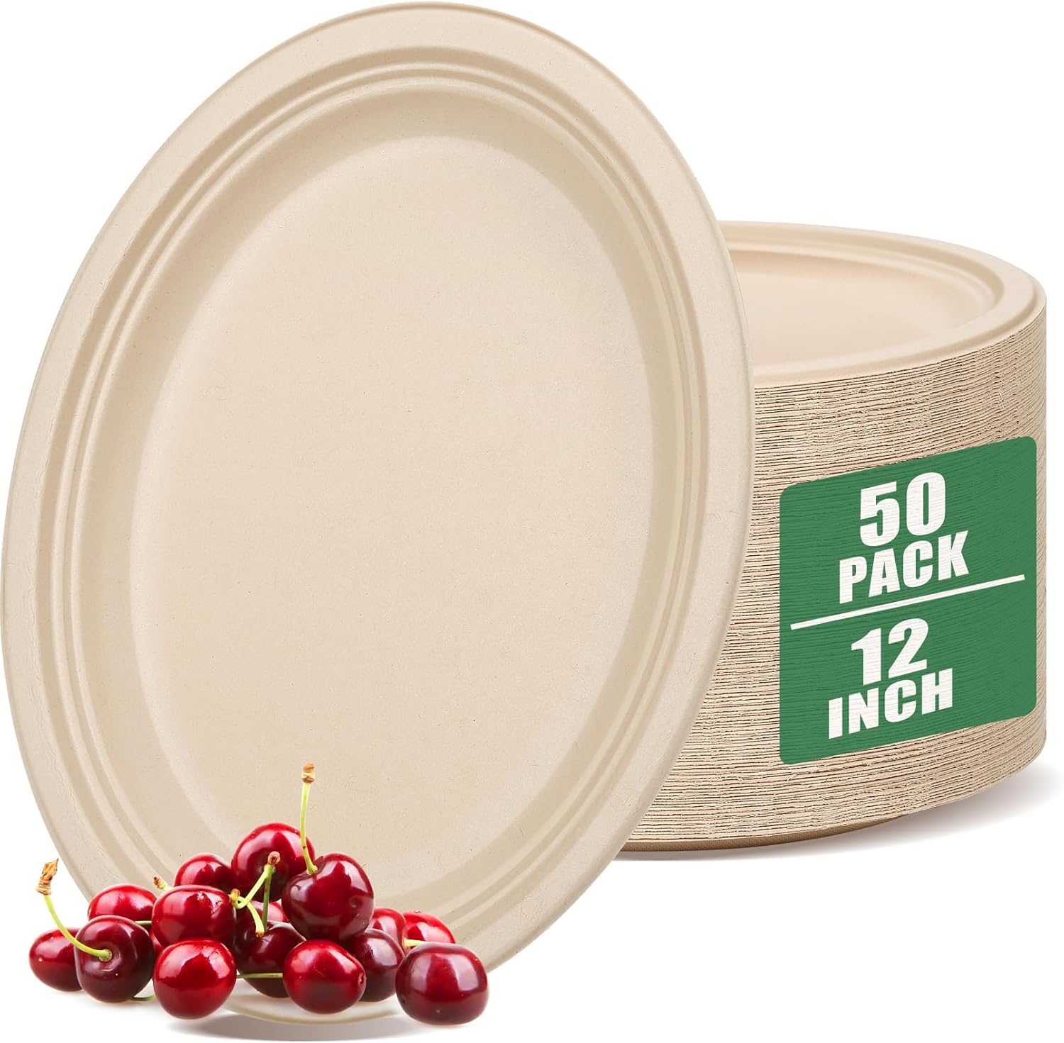 50 Pack Oval Paper Plates, 12 Inch Disposable Paper Plates Heavy Duty,Compostable Oval Plate, Natural Bagasse Sugarcane Plate for BBQ Party Picnic Gathering, Natural Brown