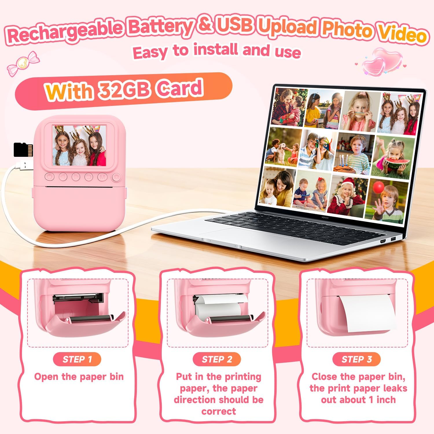Kids Camera Instant Print Camera for Kids, Toddler Camera Toys for 3 4 5 6 7 8 Year Old Girls Christmas Birthday Gifts, Kids Digital Camera Instant Print Color Photos 5 Rolls Paper 32GB Card, Pink