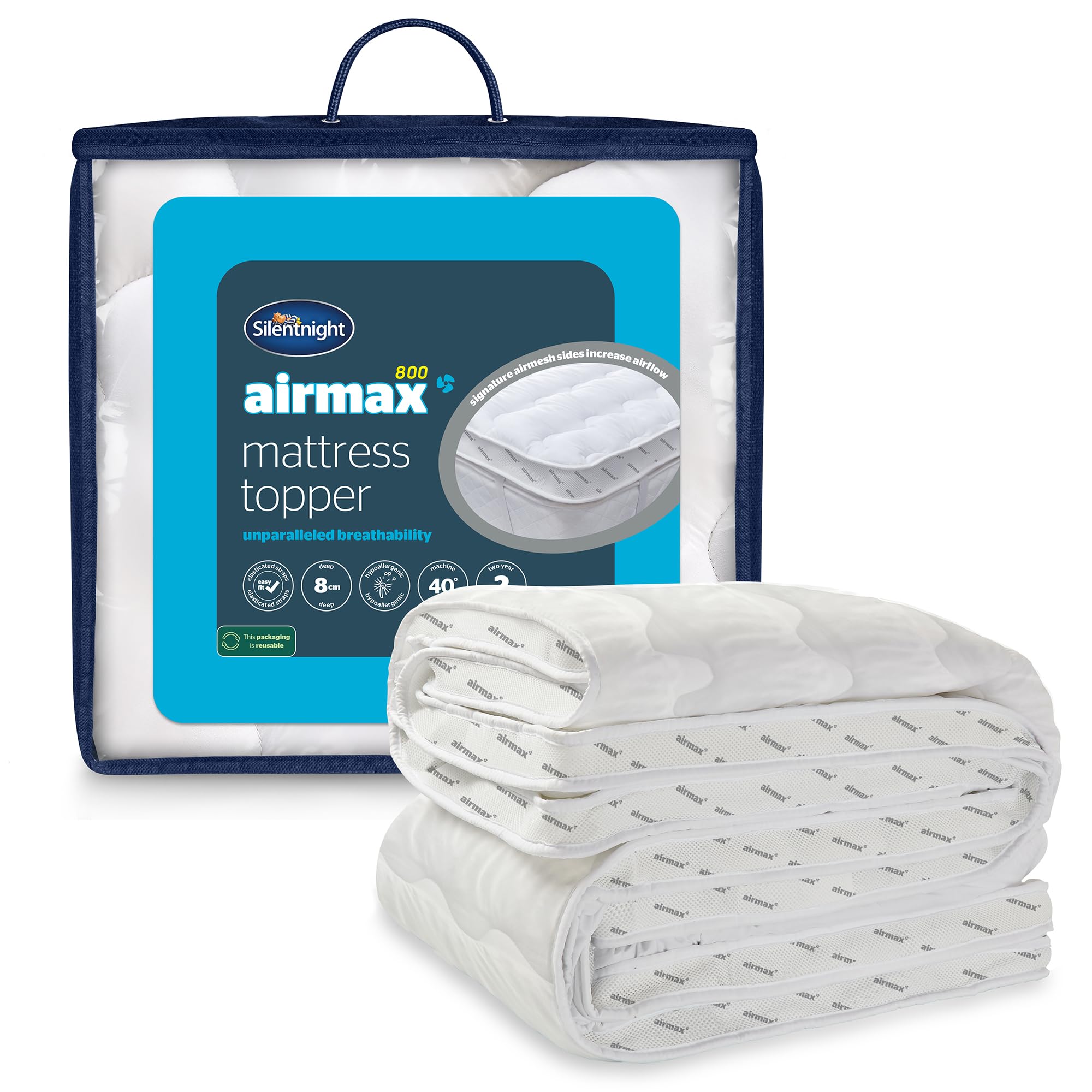 SilentnightAirmax 800 King Mattress Topper - Extra Thick Deep Fitted Mattress Enhancer with 8cm Thick Cushioning, Mesh Sides to Increase Airflow and Elasticated Straps - King - 200x150cm