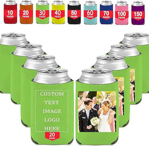 20 fundas personalizadas para latas de cerveza, a granel, aisladas, con logotipo, foto, texto, para bodas, fiestas de cumpleaños