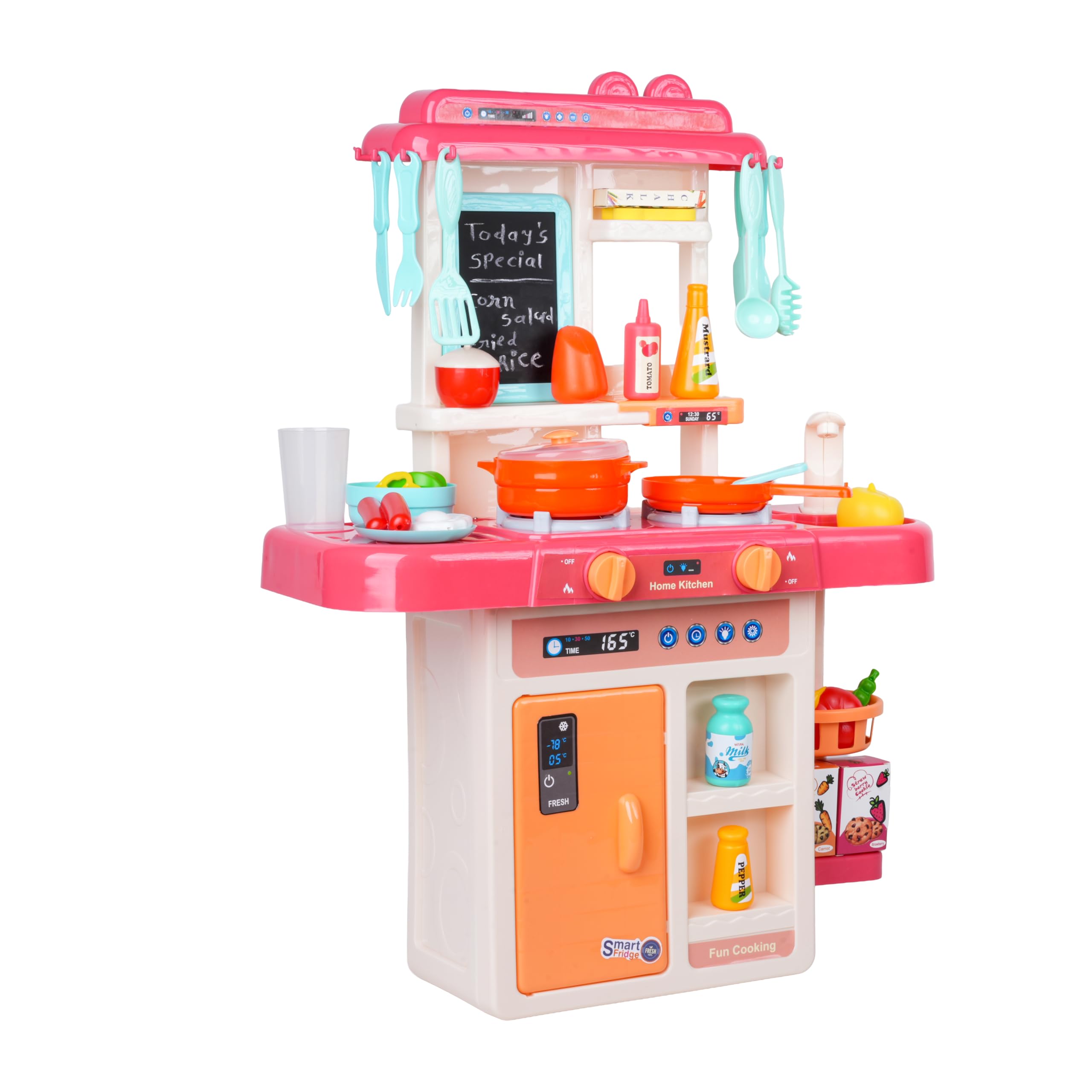 TOYIQ Kitchen Set for Kids 42 PCS Battery Oprated Pretend Play Kitchen Toy Set for Girls with Writing Slate Lights & Music Sound Plastic (Multicolor)