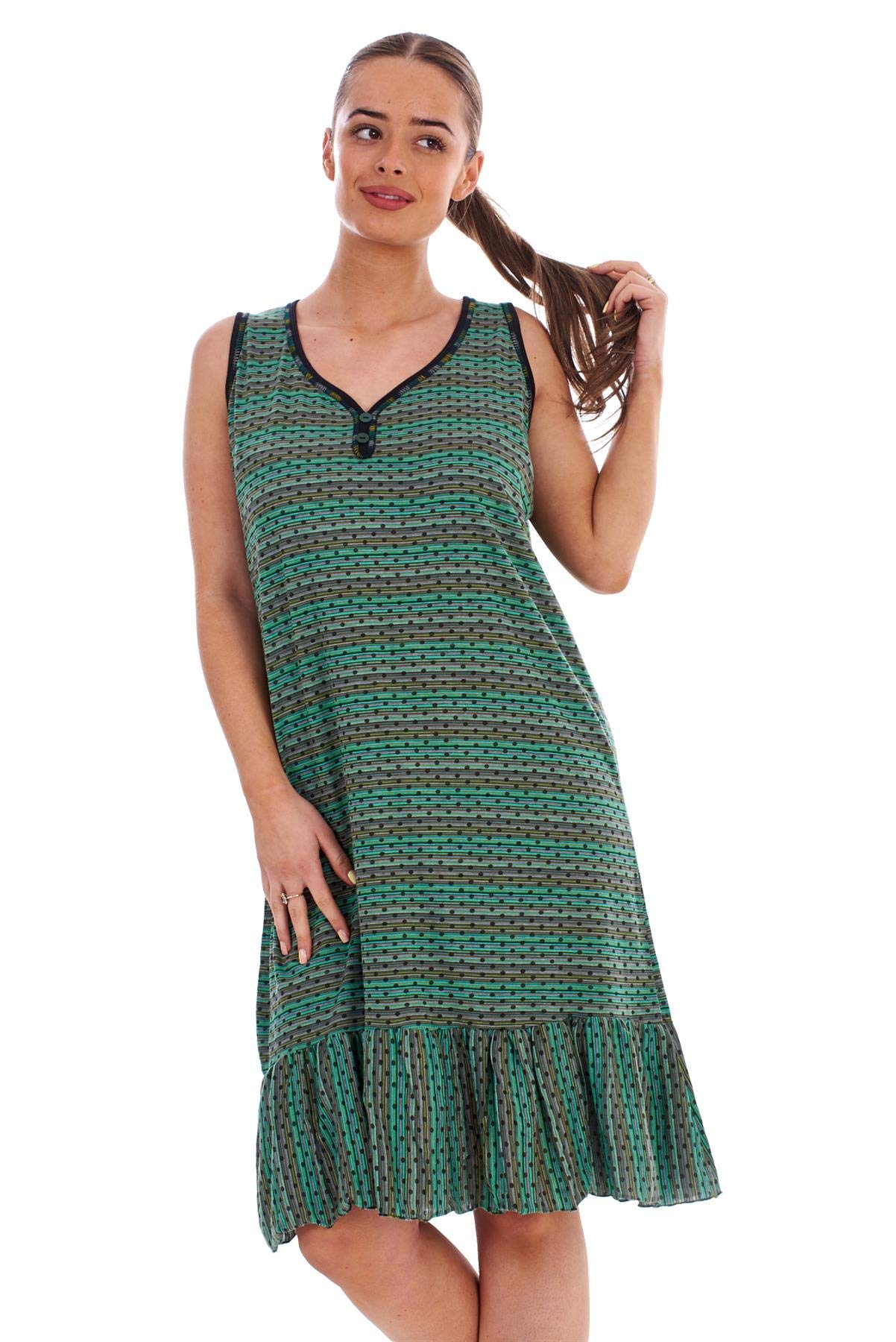 Malay Women Polka Dot Ruffle Hem Nightdress Wide Strap Cotton V-Neck Cami Nightshirts Green