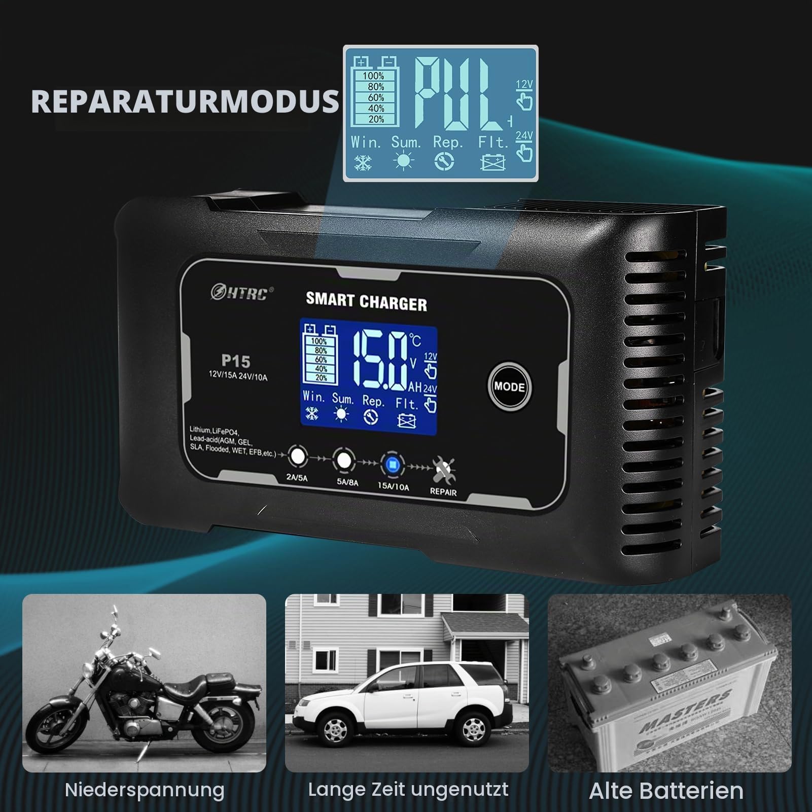 SolaMr 15A Auto-Batterie-Ladegerät, 12V und 24V Smart Automatic Battery Maintainer, Erhaltungsladegerät mit Temperaturkompensation für LKWs, Motorräder, Marine Lithium- und Blei-Säure-Batterien - P15
