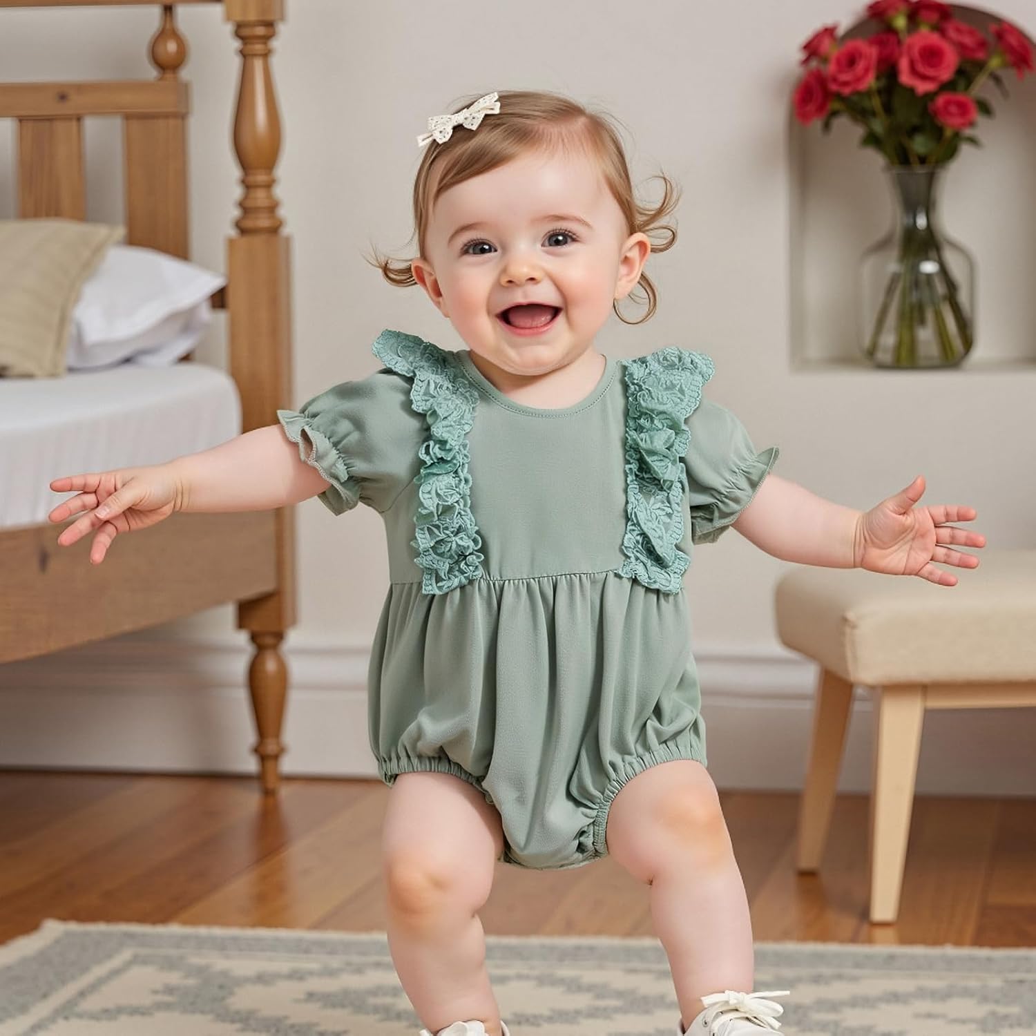 Merqwadd Baby Girl Bubble Romper Pack Short Sleeve Lace Bodysuit Vintage Newborn Summer Clothes - Image 2