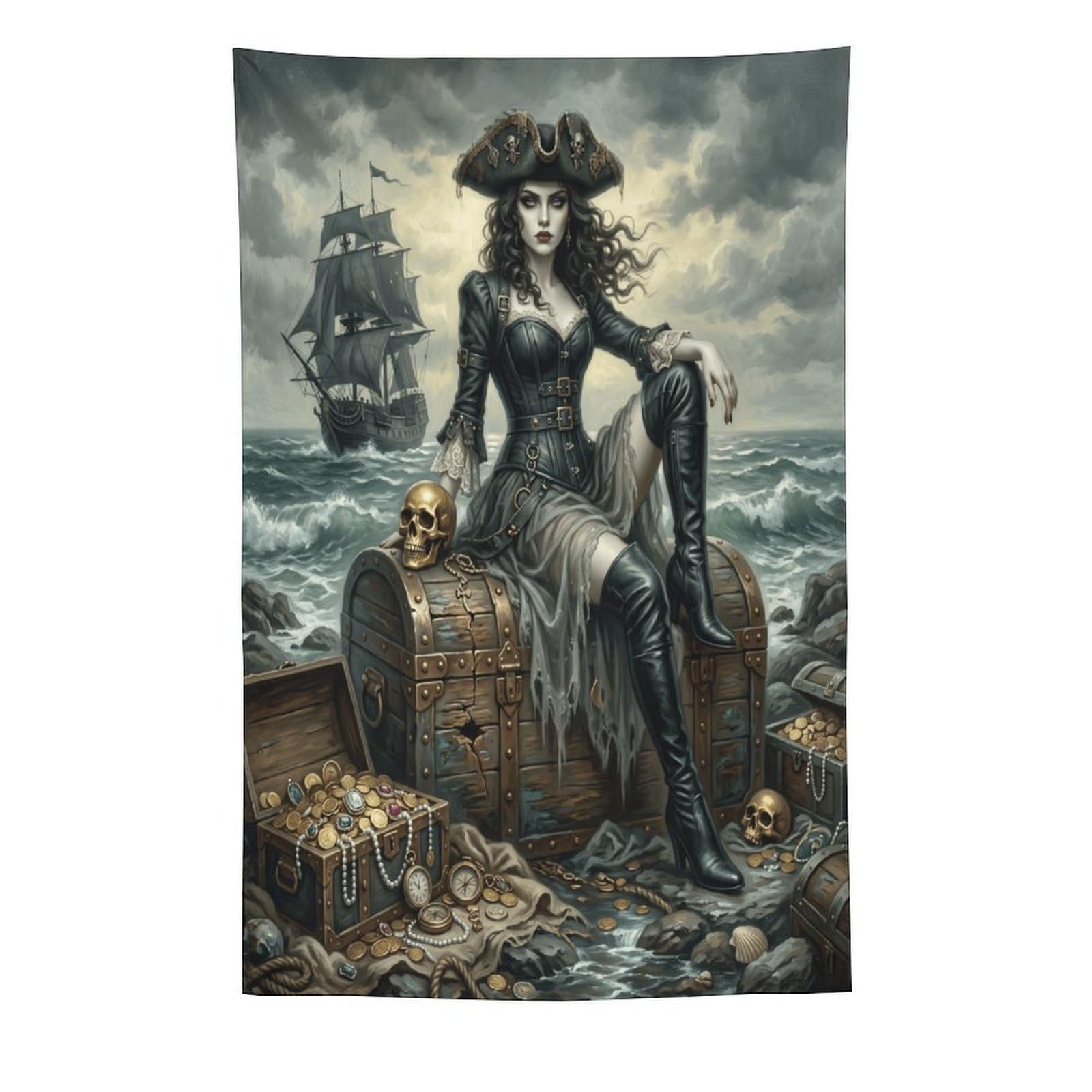 W7C8U2X3 Pirate Queen Seaside Treasure Wall Tapestry, Adventure Fantasy