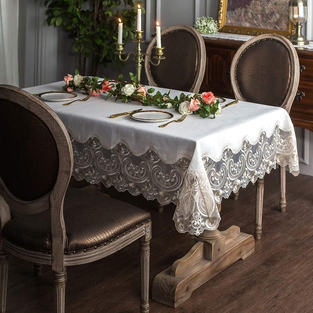 ARTABLE Lace Rectangular Tablecloths with Exquisite Macrame Border Clear Embroidered Kitchen Holidays Fabric Tablecloth (Beige, 60 x 84 Inch)