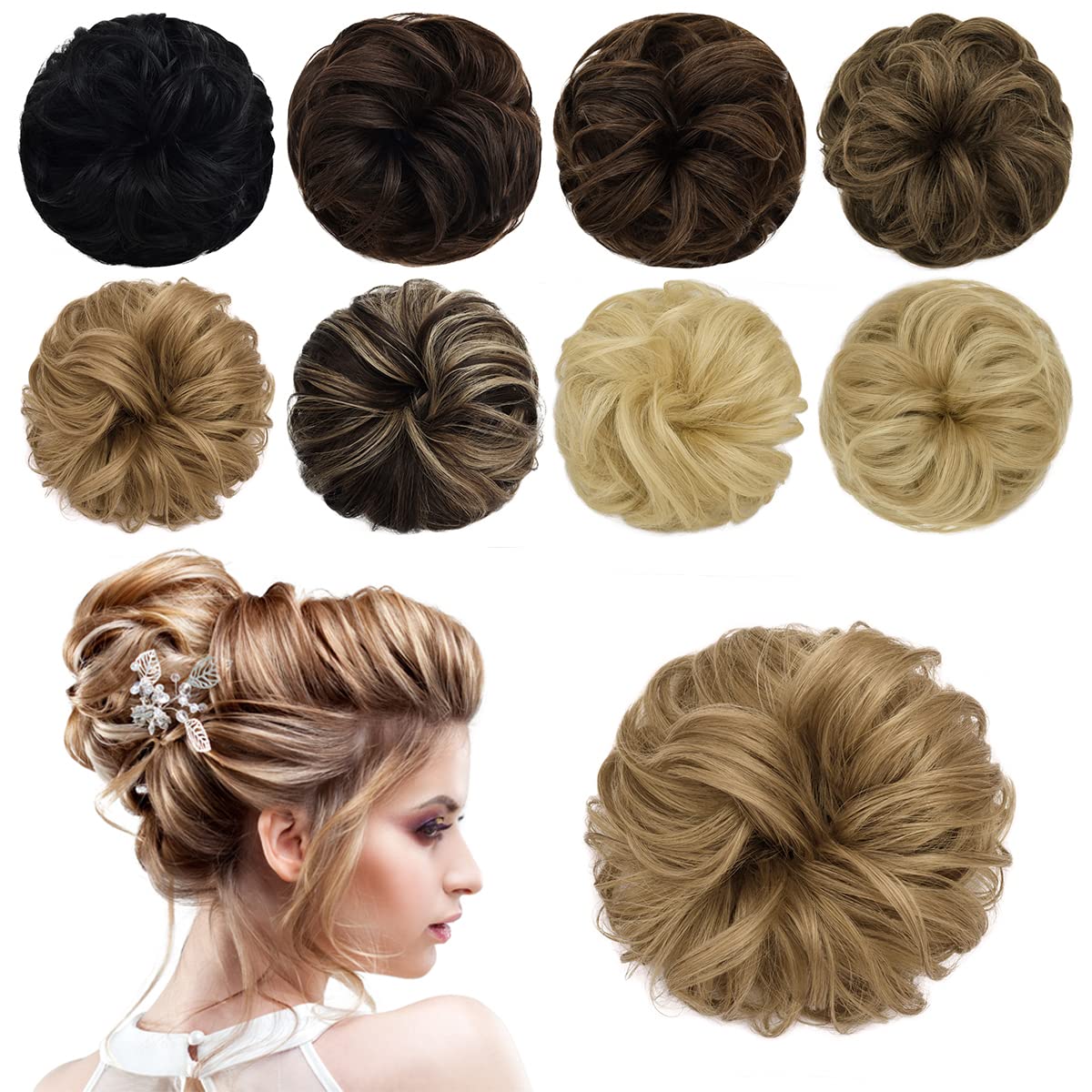 Yamel Messy Bun Human Hair Scrunchie Tousled Updo Real Hair Pieces Chignon Hairpiece Yellow Blonde Wavy Curly Short Ponytail Extension Bun Hair Pieces for Women