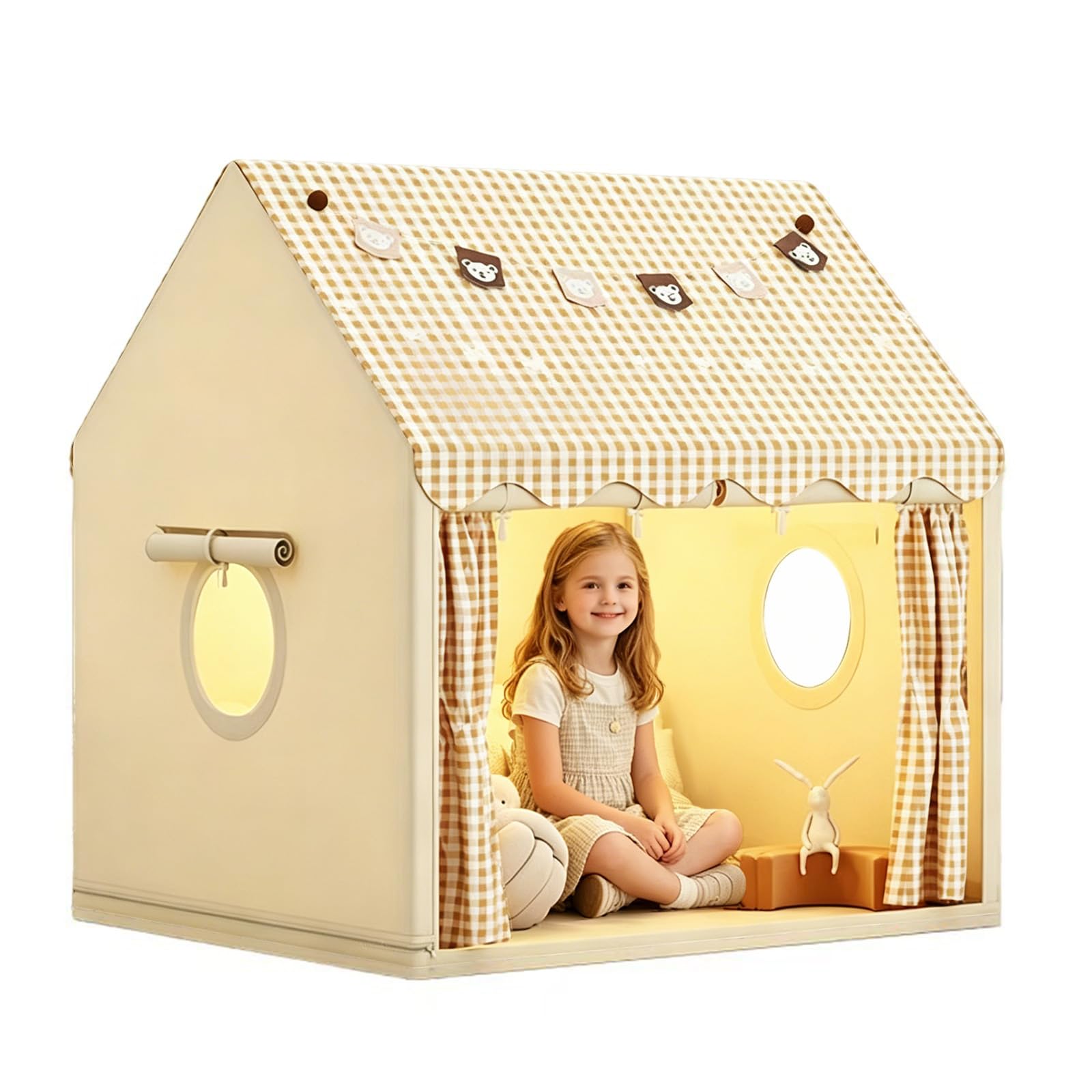 MeYuxg Tienda Campaña Infantil, 120 × 105 × 128 cm Casita Infantil Interior con Ventanas y Banderitas de Ositos de Colores, Tienda de Campaña, Regalos de Cumpleaños para Niñas Y Niños (Caqui)