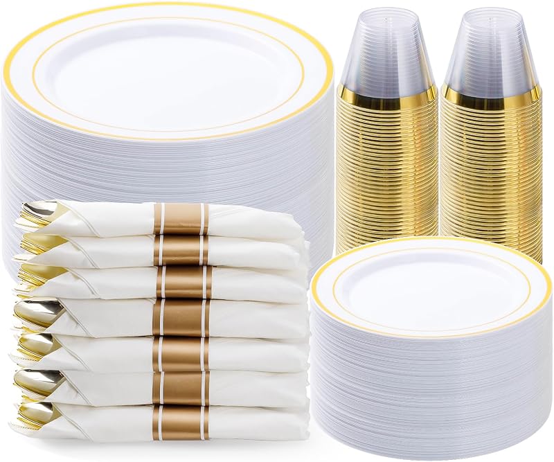 BESTVIP 350 Piece Gold Plastic Dinnerware Set for 50 Guests | Disposable Dinnerware Includes: 100 Plastic Plates, 50 Pre Rolled Napkins with Gold Silverware, 50 Cups