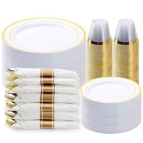 BESTVIP 350PCS Gold Plastic Dinnerware Set, Disposable Party Plates for