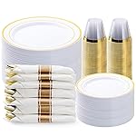 BESTVIP 350PCS Gold Plastic Dinnerware Set, Disposable Party Plates for 50 Guests, Include: 100 Plastic Plates, 50 Pre Rolled Napkins with Gold Silverware, 50 Cups