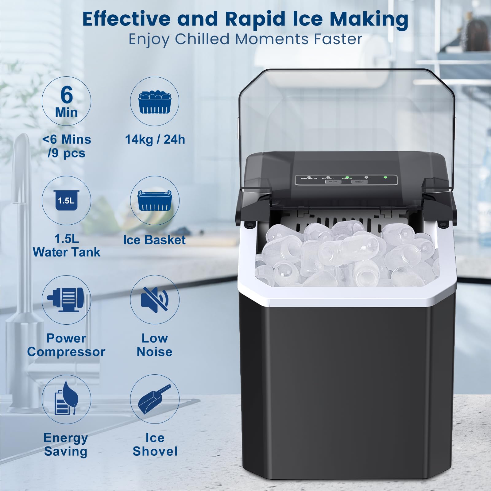 Machine à Glaçon, 9 Glaçons en 6-8 Minutes, 2 Tailles de Glaçons,14kg en 24h, Machine a Glace Autonettoyante avec Pelle à Glaçons pour Maison/Cuisine/Camping (Noir) - 3