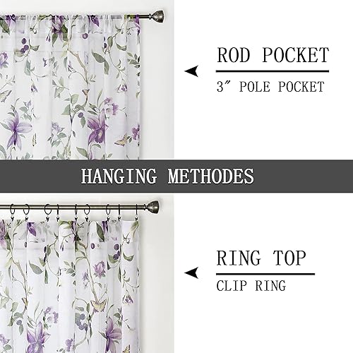 Miniatura 5 de Tollpiz Cortinas traslúcidas con estampado floral de cerezo morado y mariposa, cortinas para sala de estar, cortinas con bolsillo para barra,