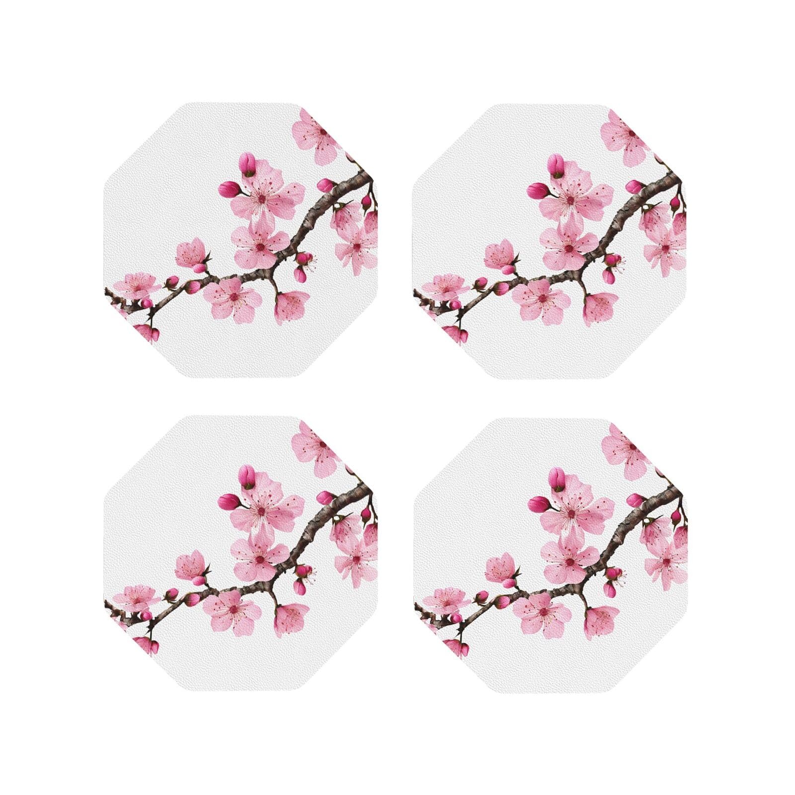 (Tempting Cherry Blossoms) Drink Coasters Set Of 4 Non-Slip Leather Coasters For Cups Mugs Glasses Tabletop Protection For Home Office Bar