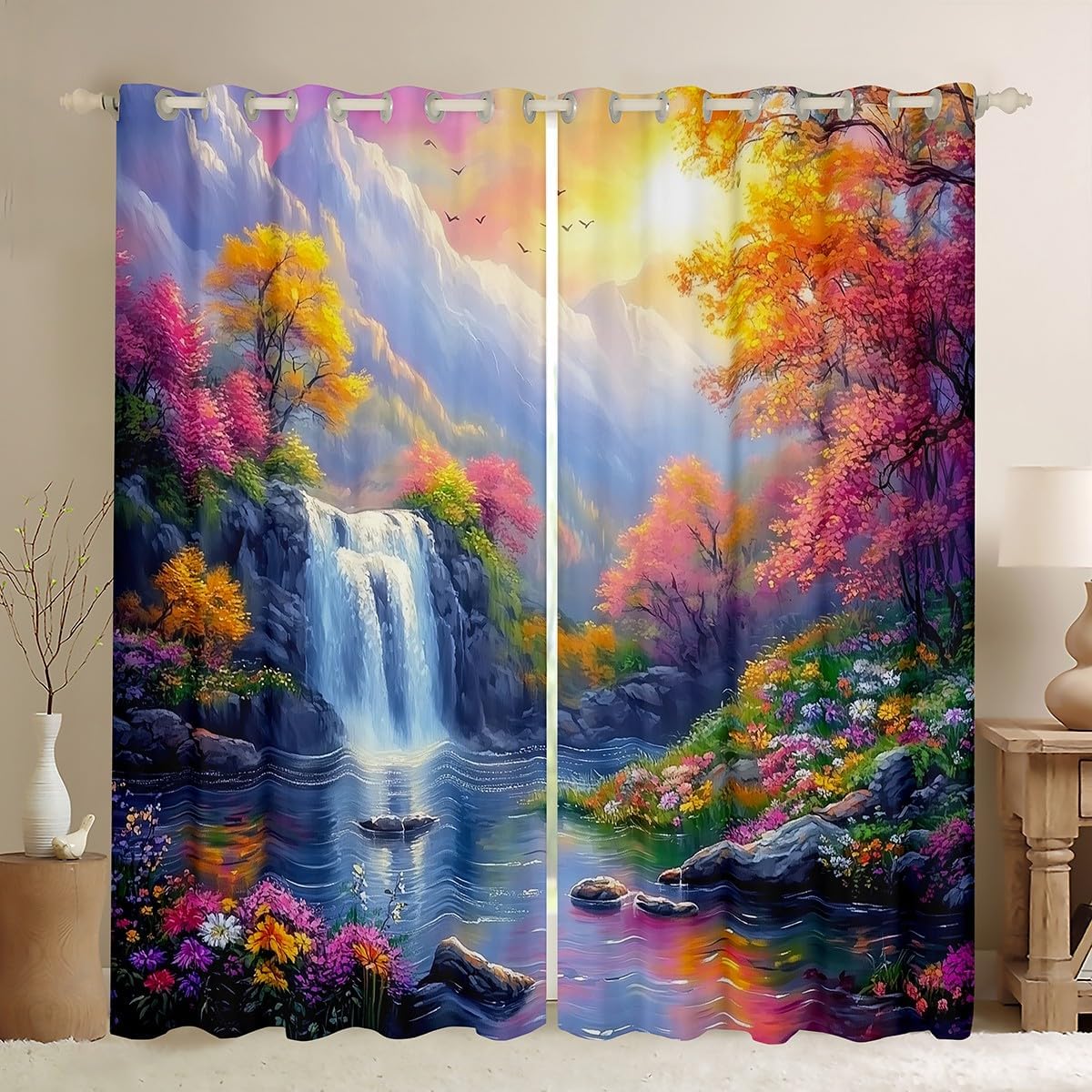 Castle Fairy Mountain Waterfall Window Curtains Watercolor Flower Trees Darkening Blackout Curtains Scenery Aesthetic Window Treatments Dreamy Sunset Glow Grommet Top 2 Panel Set Drapes,38Wx54L