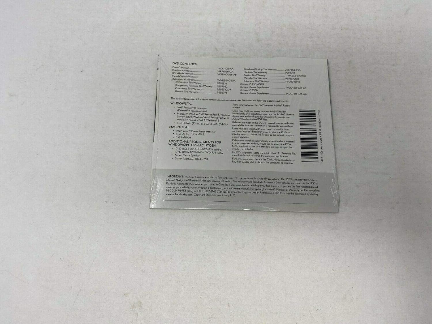 Back cover of the 2014 Chrysler 200 Owner's Information manual showing DVD contents and system requirements.