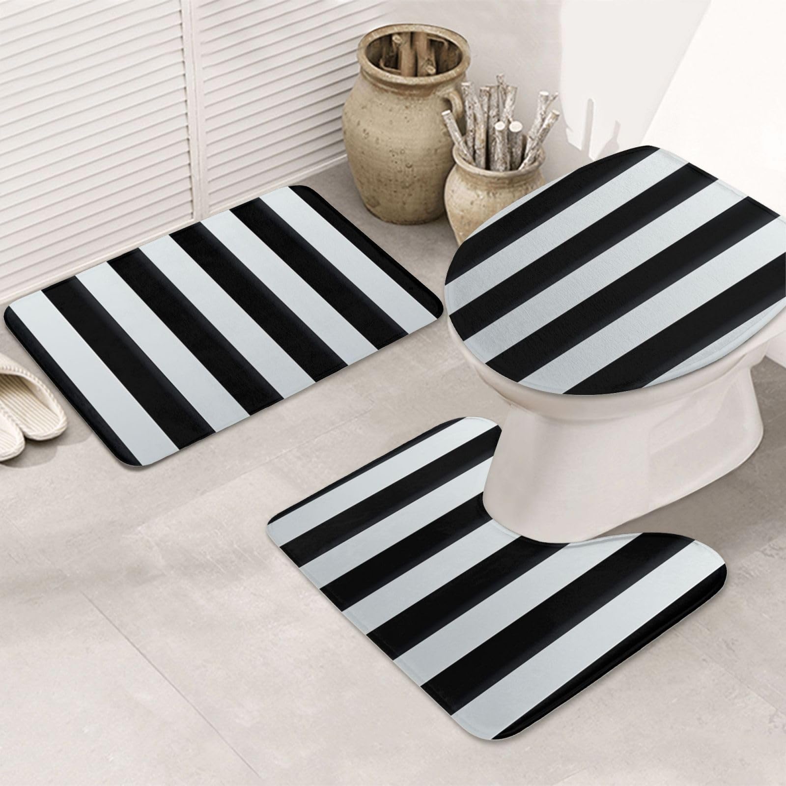 Tapis de bain à rayures noires et blanches lot de 3 pour une déco moderne et propre