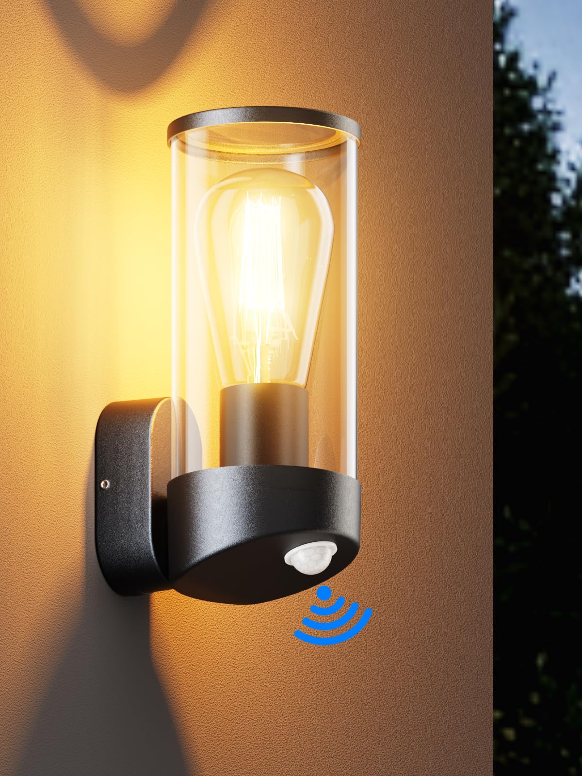Brightower Lampa ścienna zewnętrzna z czujnikiem ruchu, aluminiowa lampa ścienna z przezroczystym akrylem, lampa zewnętrzna do ogrodu, na taras, werandę i do garażu, ekskluzywna 1x E27,Ciemnoszary