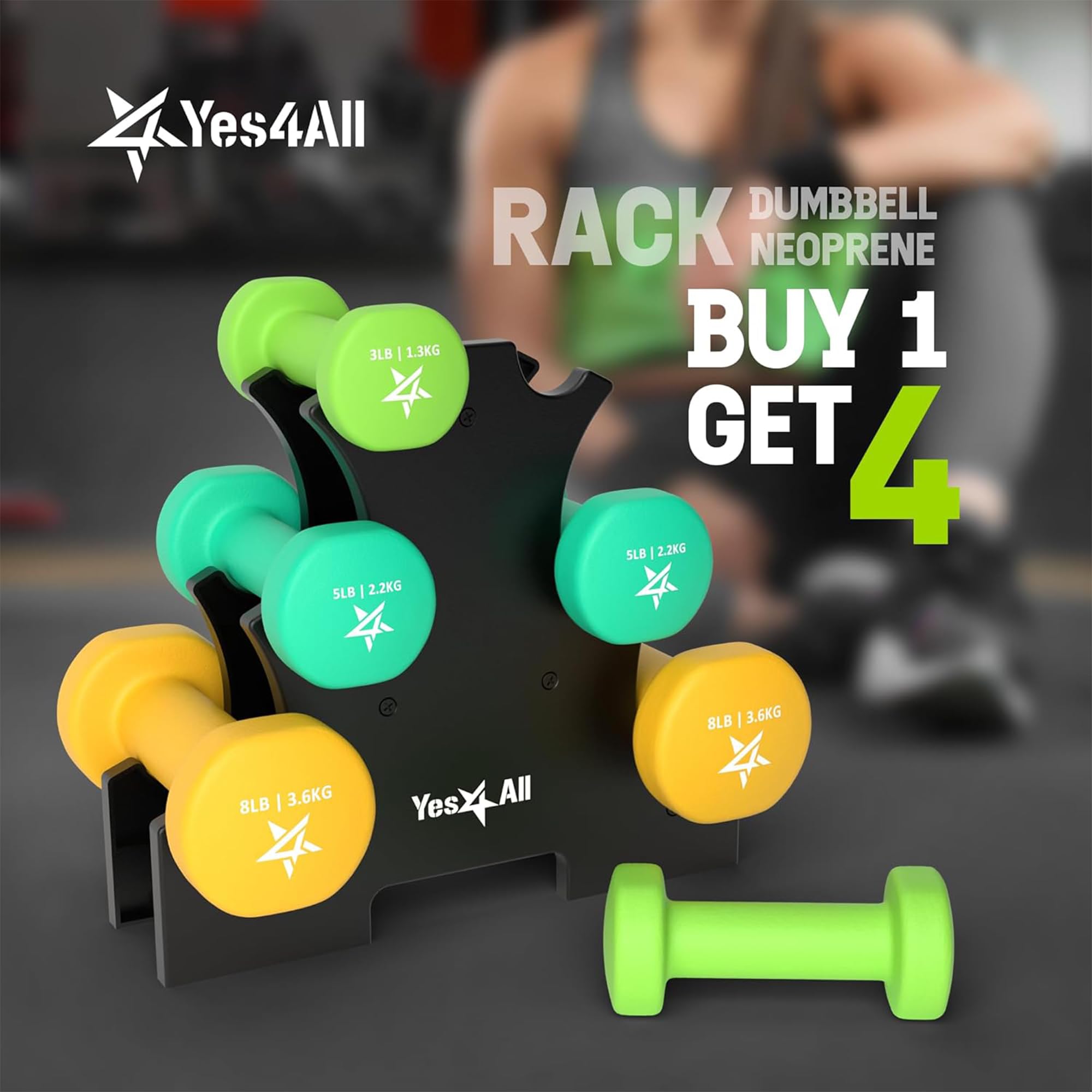 Yes4All Neoprenbeschichtete Hantel-Sets – mehrere Gewichtsoptionen mit Gestell, Anti-Roll, rutschfest, sechseckige Form