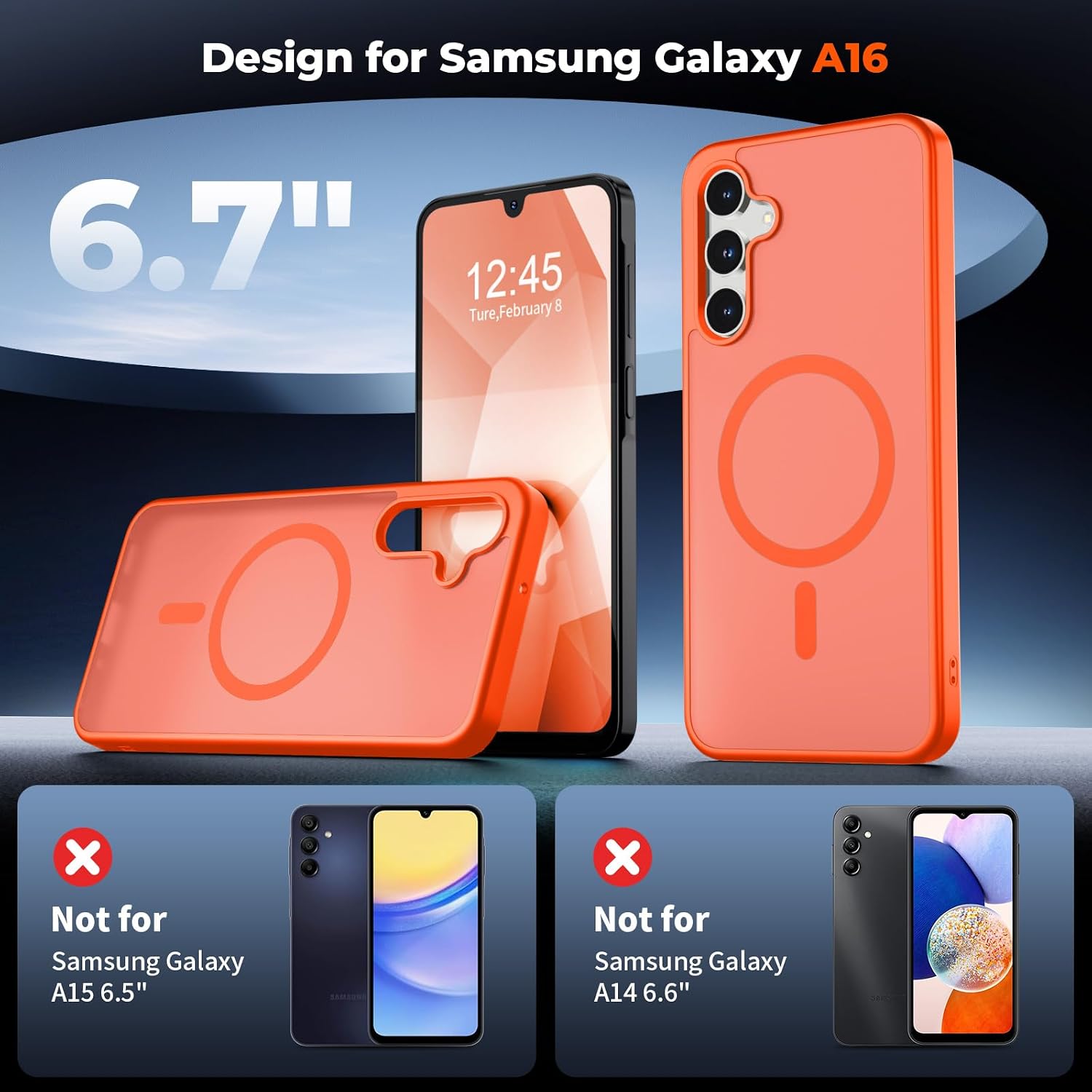 SUPFINE Magnetic for Samsung Galaxy A16 5G Case with Screen Protector, (Built-in Magnets) (Military Grade Drop Protection) Slim Translucent Shockproof Phone Case,Orange