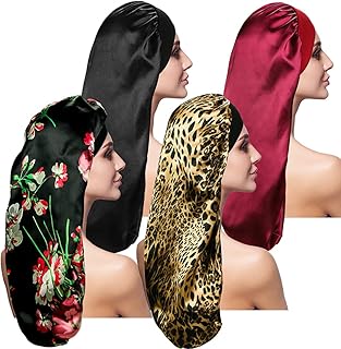 4 Pieces Satin Sleep Cap for Long Hair and Dreadlock, Extra Large 2 PCS Solid Color and 2 PCS Floral Pattern Sleeping Bonn...