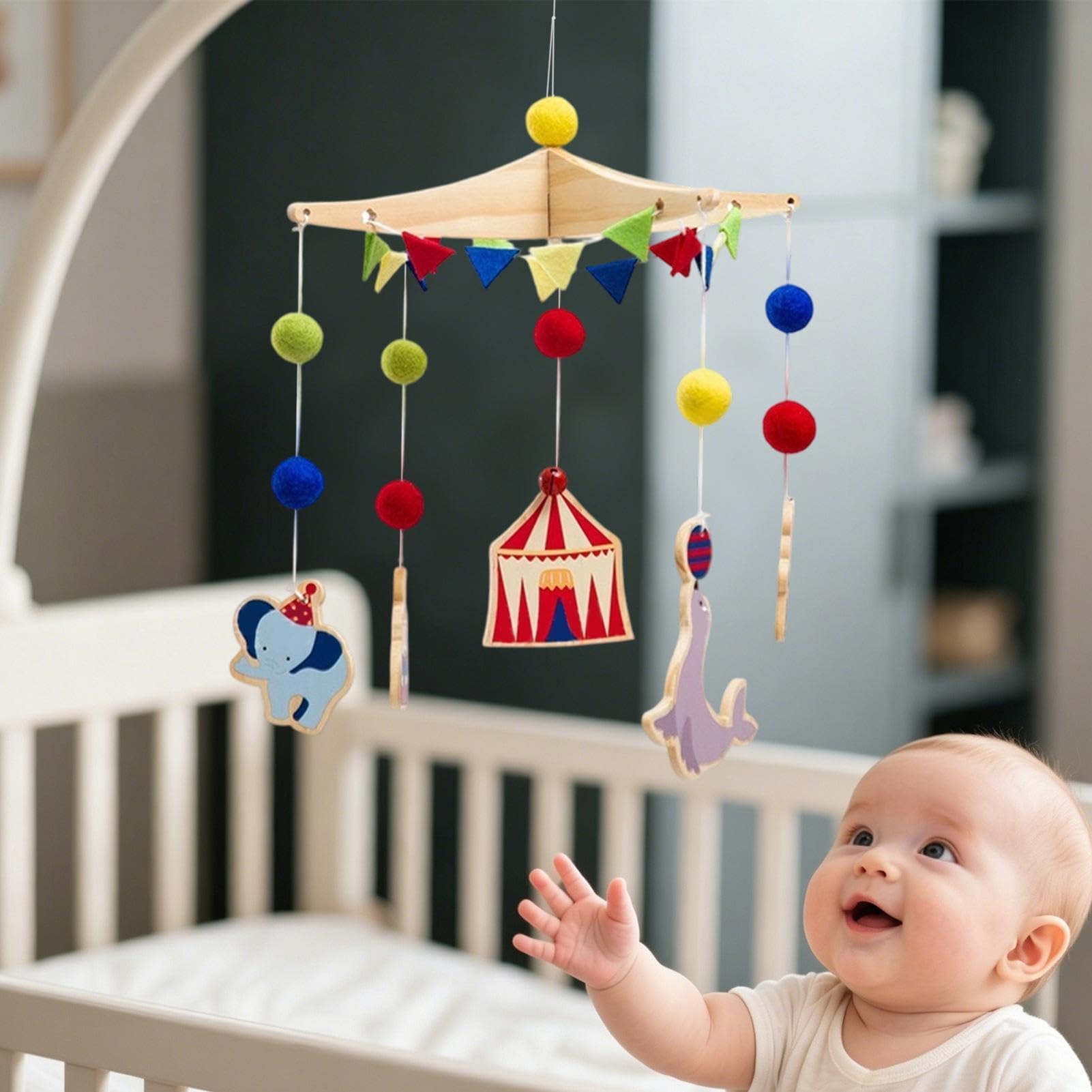 Giostrina musicale per culla, motivo circo con animali, per la cameretta dei bambini, per la casa, per attività sensoriali per bambini, passeggino da viaggio e oggetti di scena per foto
