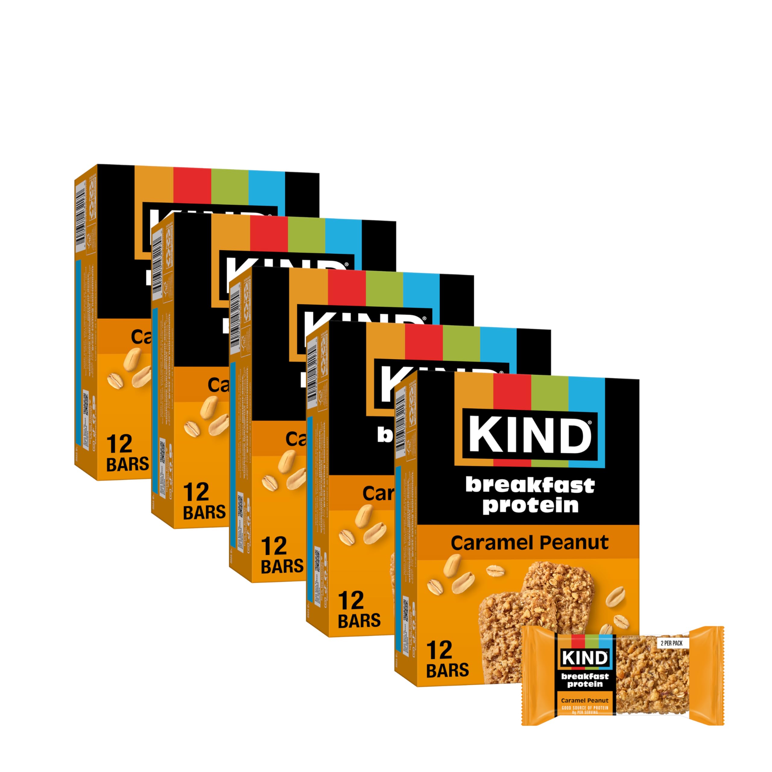 KIND 아침 식사 단백질 바, 캐러멜 땅콩, 글루텐 프리, 저염, 건강한 간식, 단백질 8g, 30개 (바 2개 30팩)