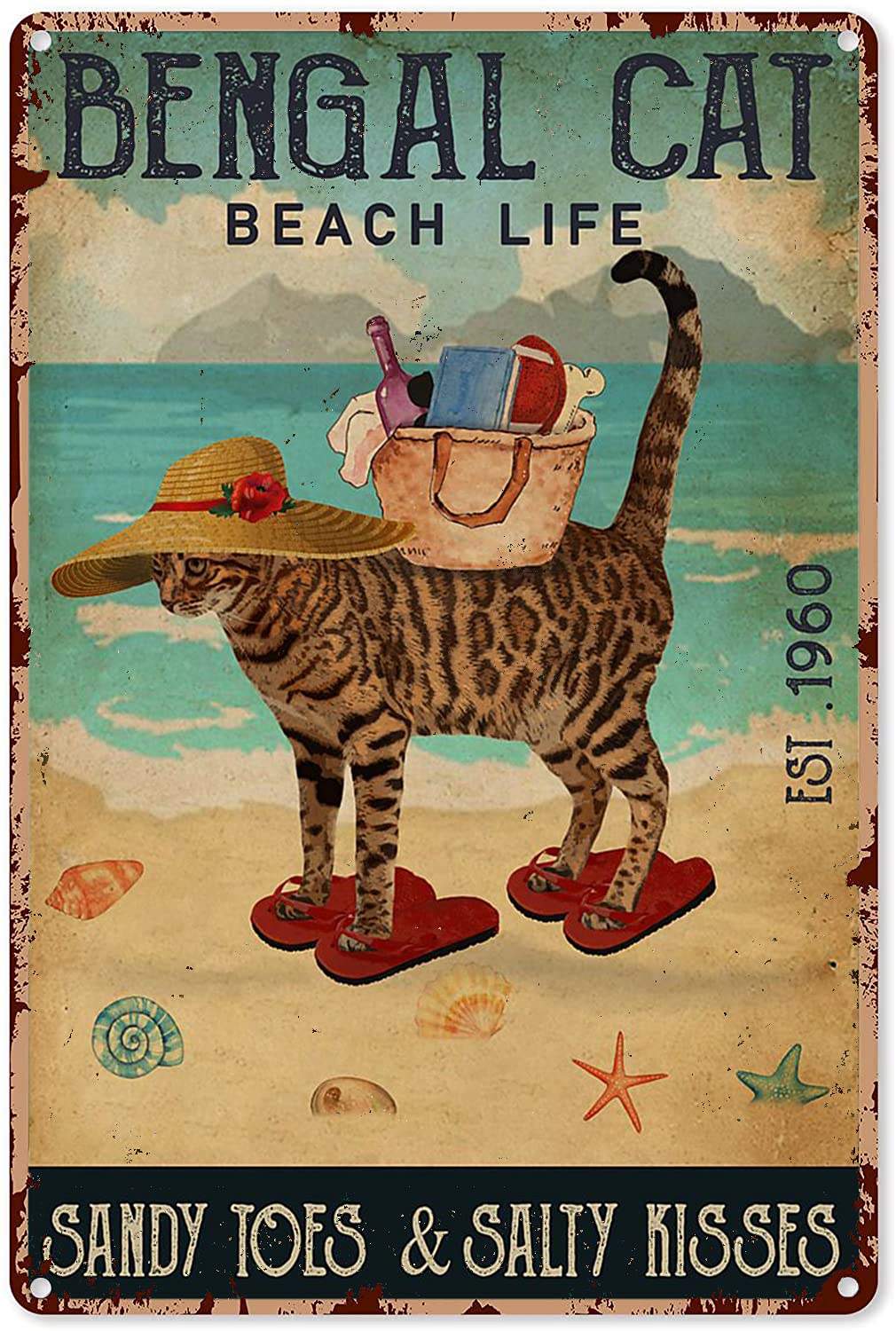 Beach Signs For Outside Beach Life Sandy Toes Salty Kisses Bengal Cat Home Decor Art Wall Decor Metal Sign Poster 8X12 Inches