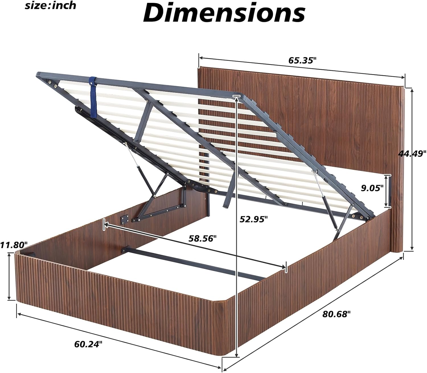 Bellemave Queen Lift Up Storage Bed, Walnut Wood Lift Up Bedframe Queen, Wooden Corrugated Curved Lines, Hydraulic Storage,Walnut