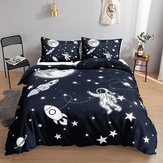 HOSIMA Raketen-Bettwäsche-Set für Erwachsene, Jungen und Mädchen, Cartoon-Astronaut, Rakete, Planet, Bedruckt, Bettbezug mit 2 Kissenbezügen (Raketen-Astronaut S)