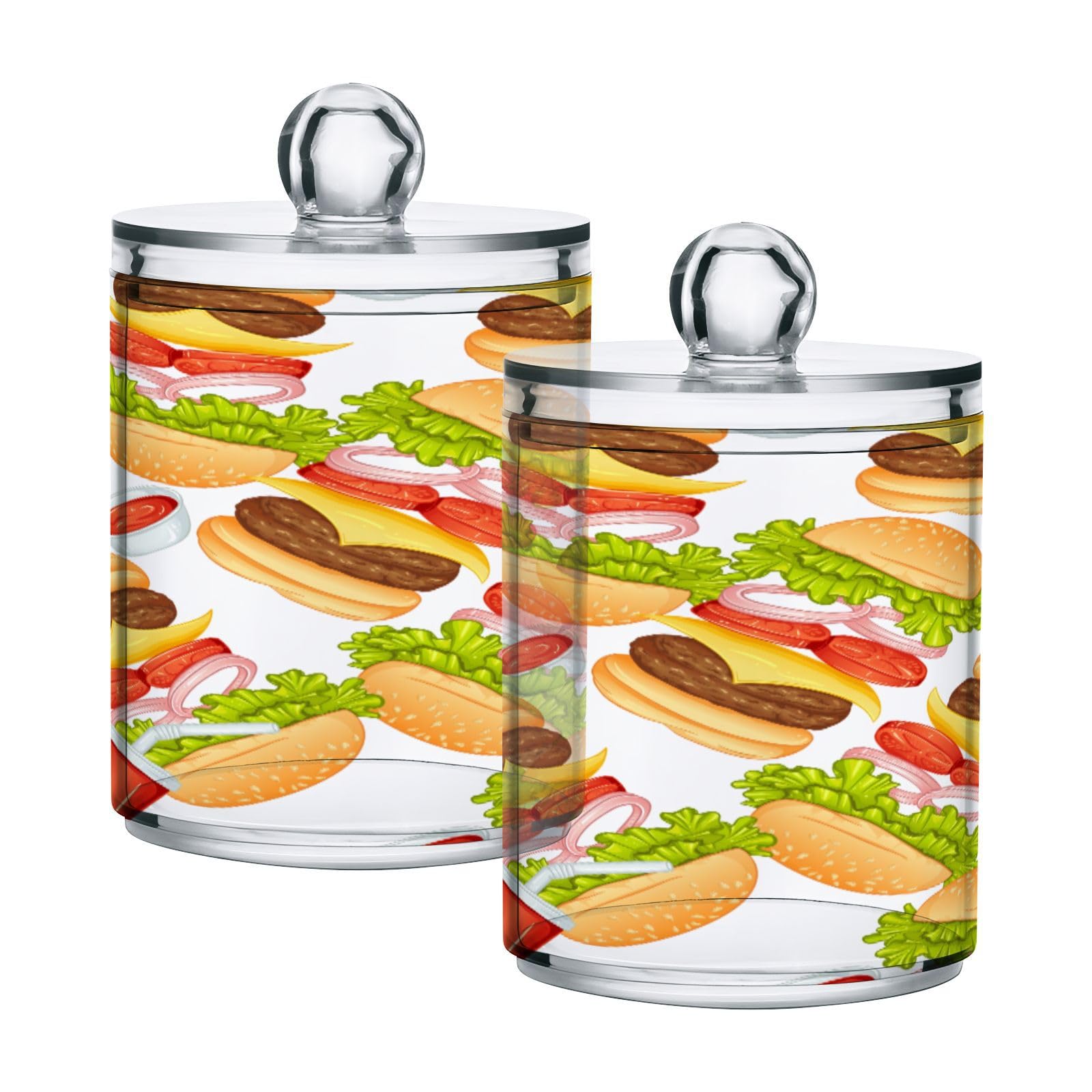 Fast Food Pattern Qtip Holder Dispenser with Lids, 2PCS Plastic Food Storage Canisters, Apothecary Jar Containers for Vanity Organizer Storage #87