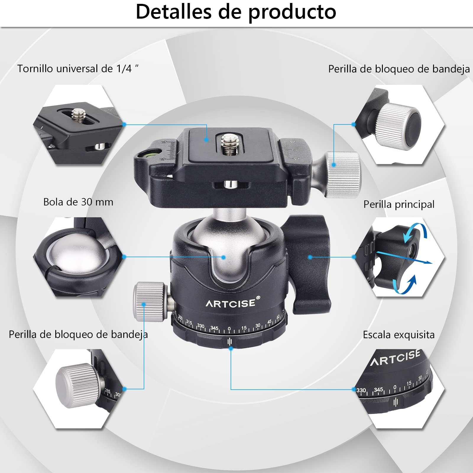 Cabezal de trípode de perfil bajo, ARTCISE EB30S Mini cabeza de bola de metal de 30 mm de diámetro, placas de liberación rápida de 1/4 ", 3 tornillos de conversión de 1/4" a 3/8 "para cámara, DSLR