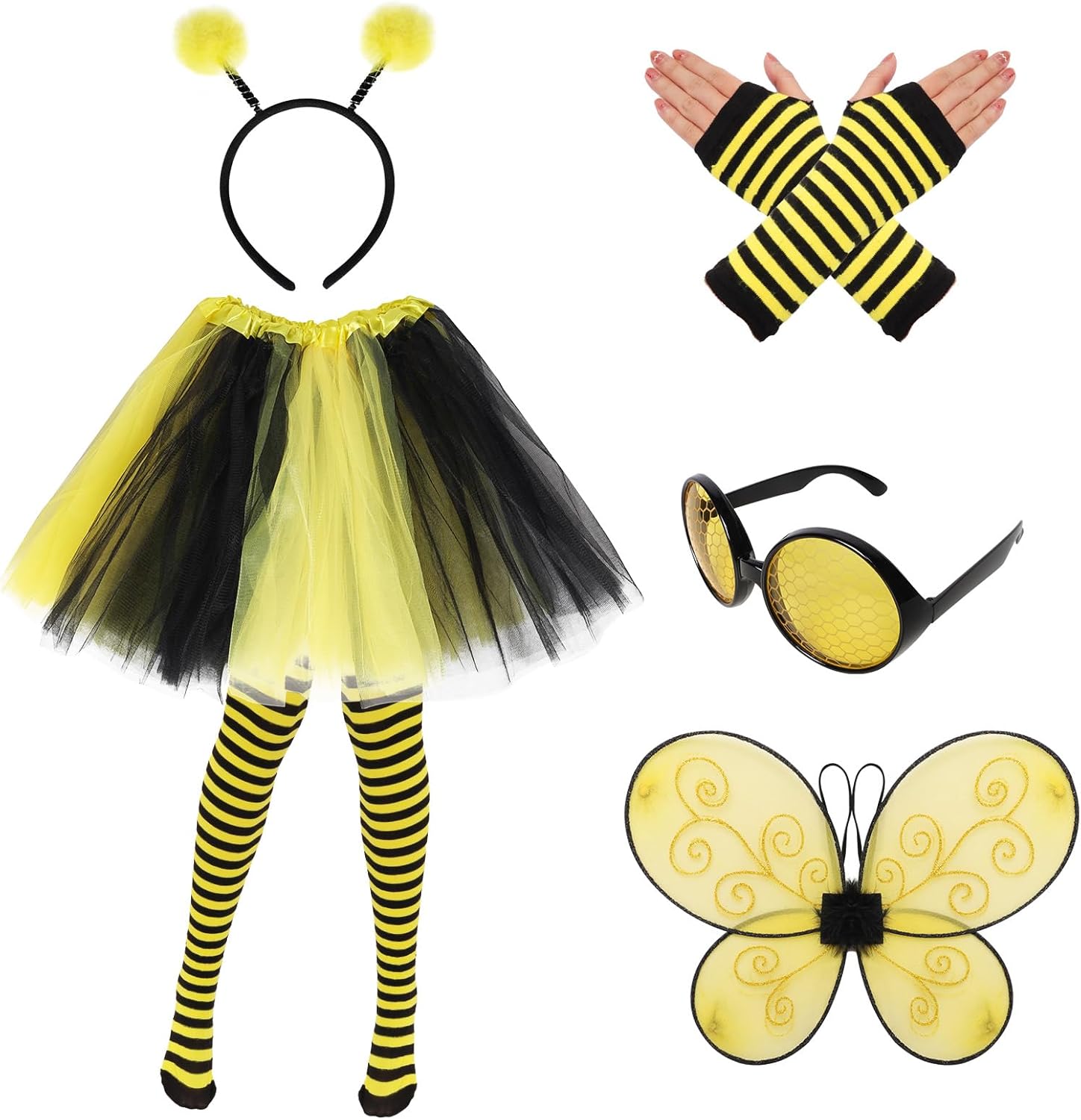 6Pcs Bee Costume Accessories Set Bee Costume Set Tutus Skirt Bee Wings Headband Glasses Striped Long Socks for Women Cosplay Party
