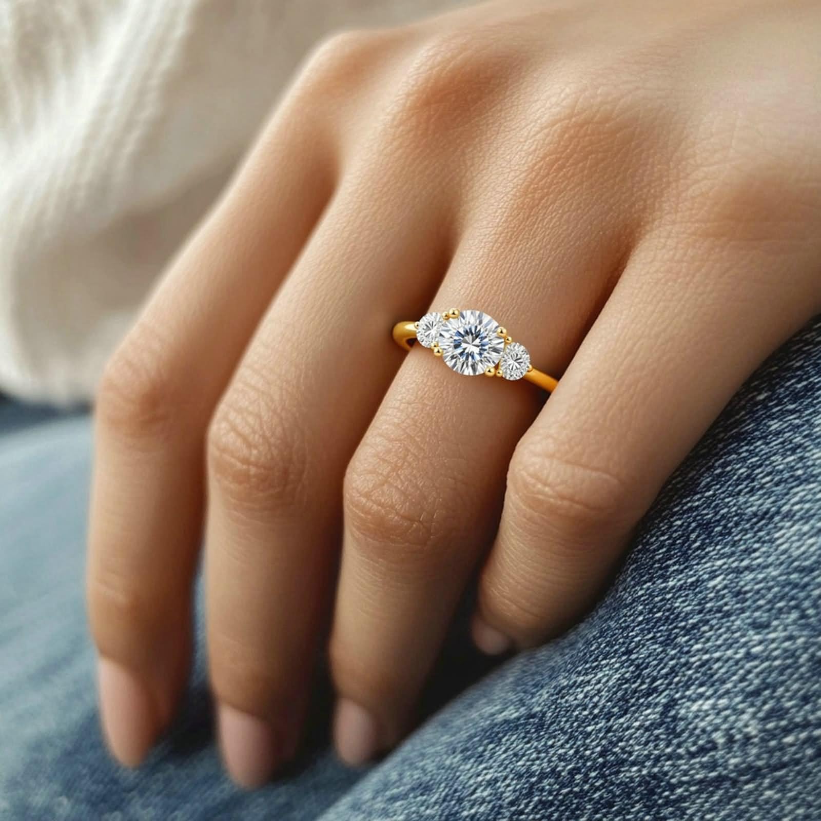 Anillo de compromiso para mujer, 3 piedras con moissanita, oro amarillo de 14 quilates, talla 54 (17,2)