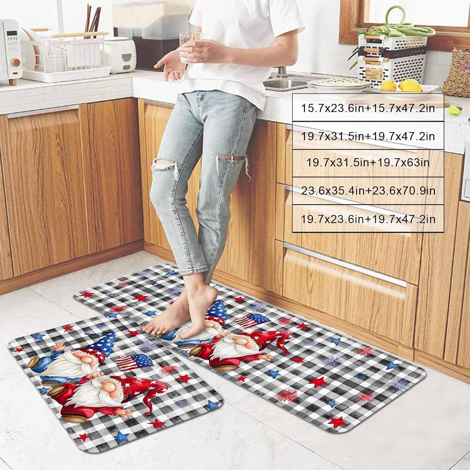 Prime Leader Independence Day Kitchen Mat Set 2 Pieces Patriotic Gnomes USA Flag Black Plaid Non Slip Kitchen Rugs Washable Runner Rug Mats for Sink Laundry (19.7" x 31.5"+19.7" x 47.2")