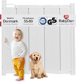 BabyDan - Guard Me Auto Retractable Stair Gate, 55-89 cm width, One-Hand Operation Safety Gate, Child and Pet Gate, White, Made in Denmark