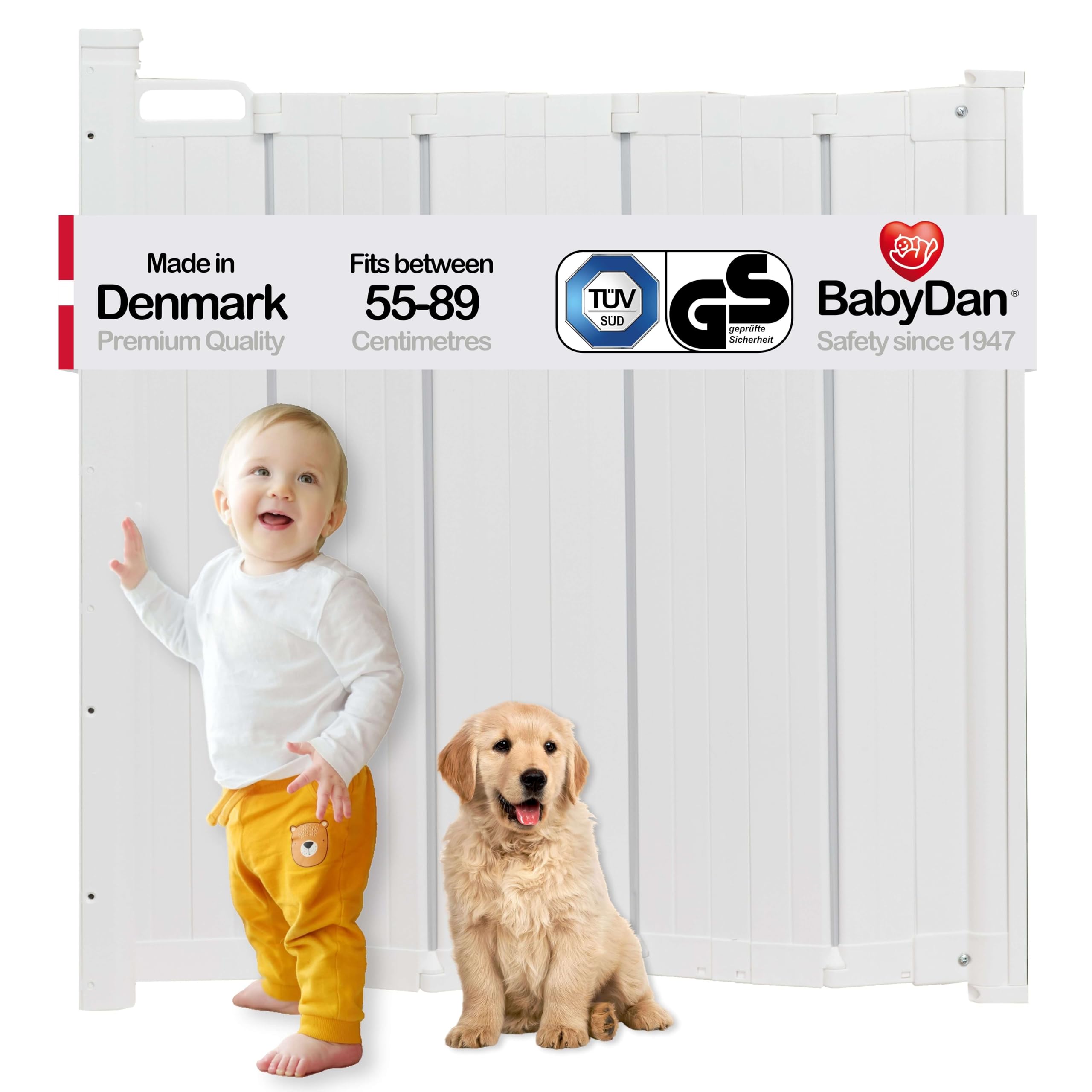 BabyDan - Guard Me Auto Retractable Stair Gate, 55-89 cm width, One-Hand Operation Safety Gate, Child and Pet Gate, White, Made in Denmark
