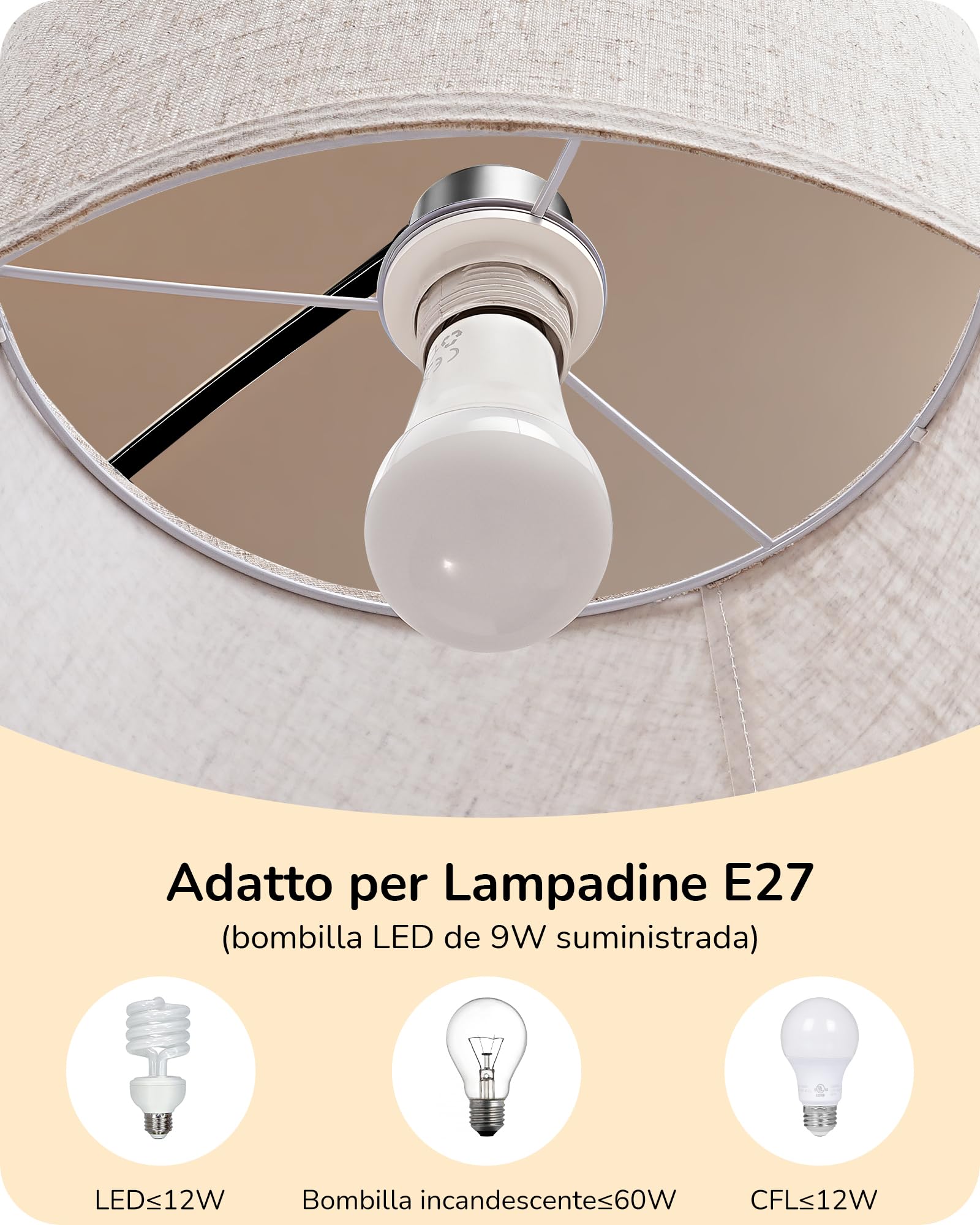 EDISHINE Lámpara de Pie para Salón, Altura Ajustable 143-176 cm, Lámpara de Arco con Cabeza Giratoria y Estructura de Metal, Mando Magnético, Regulable, Casquillo E27 con LED 9W Incluida