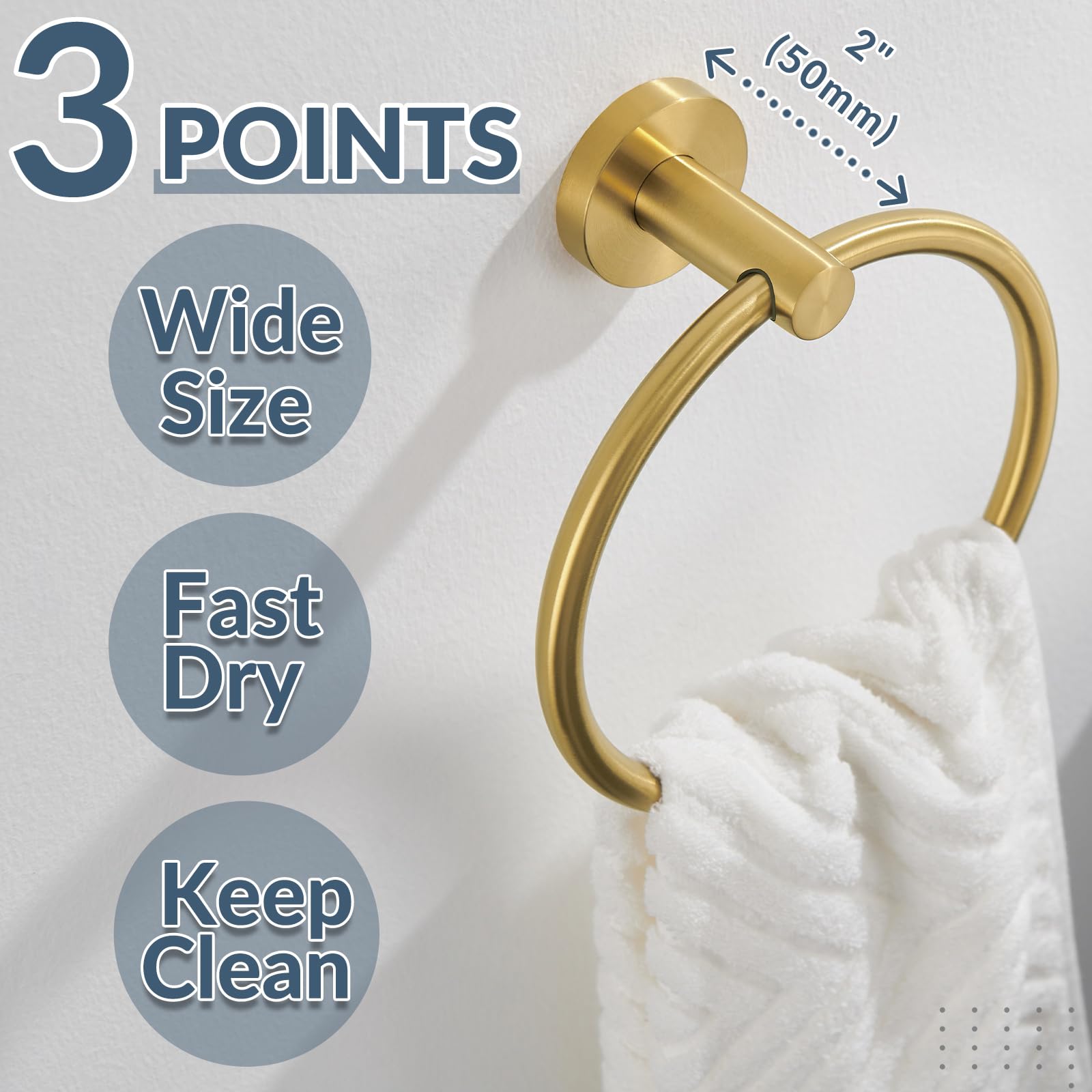 APLusee Toallero de mano de acero inoxidable 304, soporte redondo para toallas montado en la pared para baño, cocina, oro cepillado