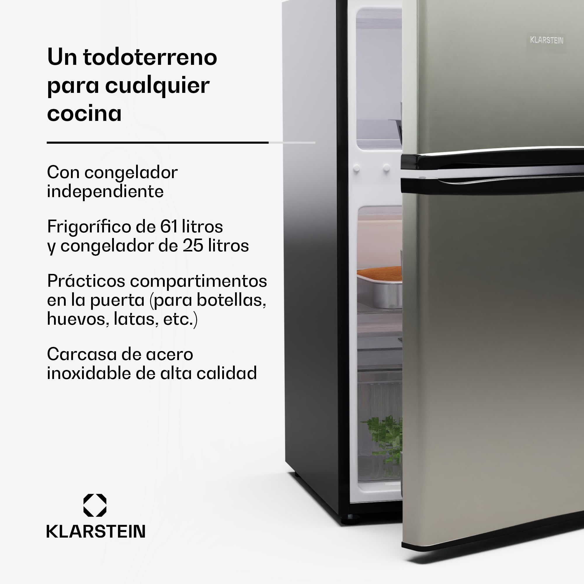 KLARSTEIN Big Daddy Cool – Combinación Nevera-Congelador, Neveras silenciosas de 86L de capacidad, Eficiencia energética clase E, Frigorífico de 61L, Congelador de 25L