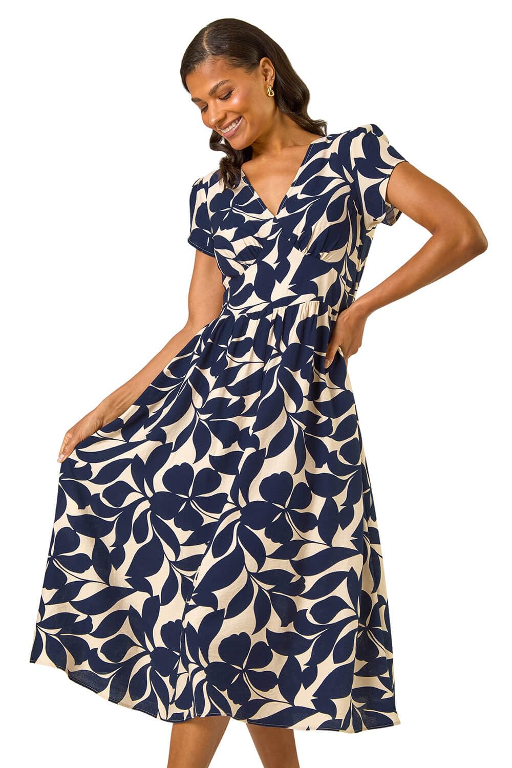 Roman Women's Navy Leaf Print V-Neck Midi Dress In Size 14