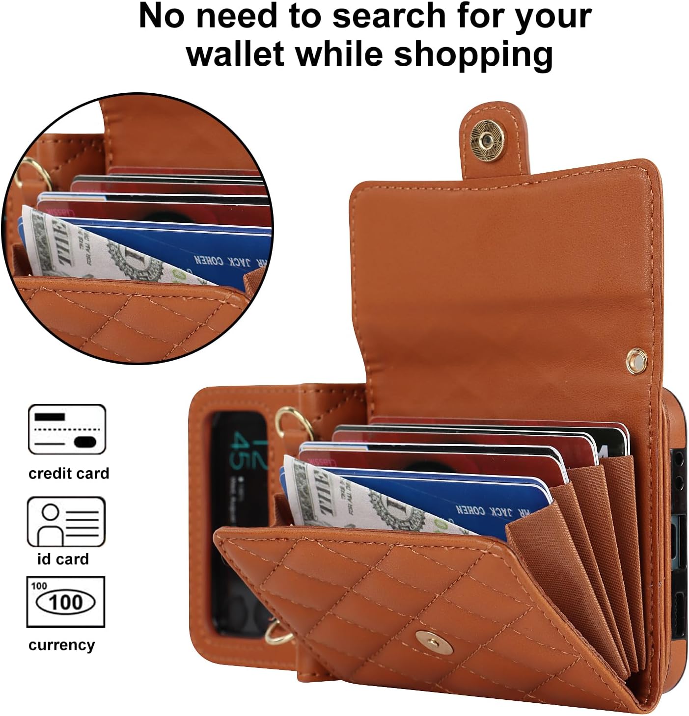 Phone Case for Samsung Galaxy Z Flip 4, Crossbody Wallet Phone Cover with Card Holders Cash Slot Wristlet Strap, Fashion Leather Handbag Flip 4 Phone Case for Women Girls (Brown)