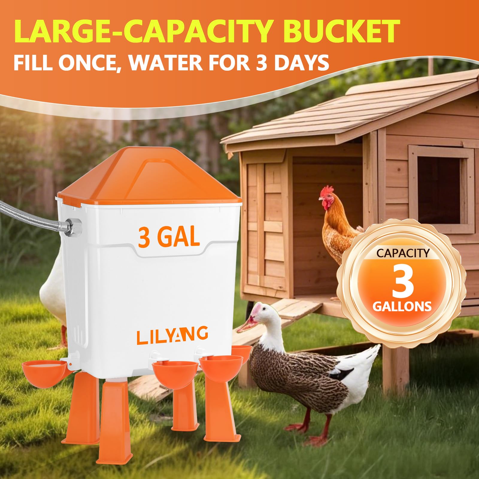 Lilyang Regadera automática para pollos de 3 galones, con control de flotador, diseño para colgar/de pie, se conecta a grifo y manguera de 3/4 pulgadas, solución de hidratación sin esfuerzo para