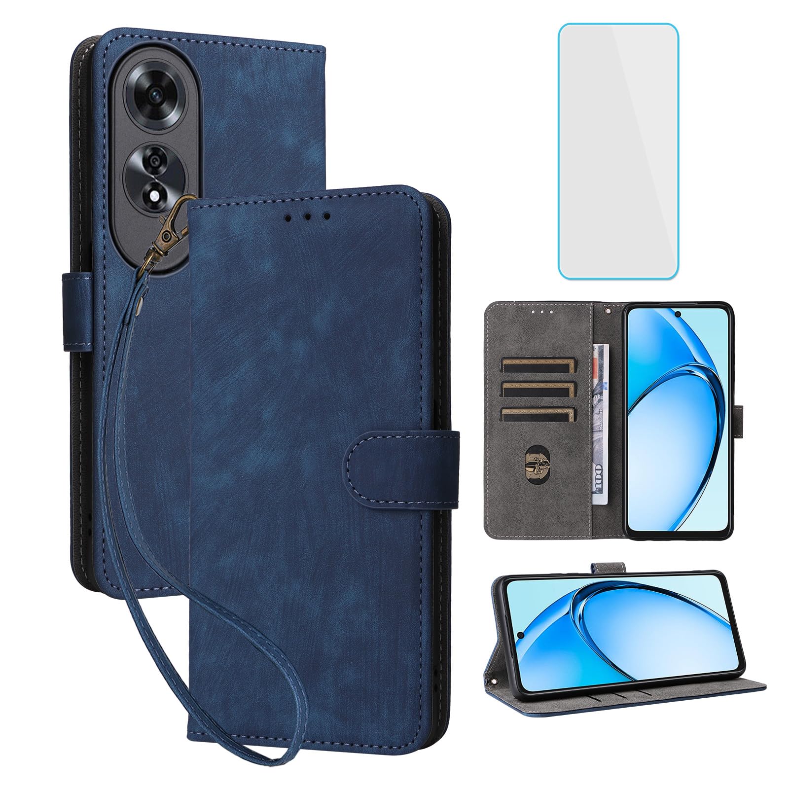 BEENTRYS Pelle PU Cover per OPPO A60 4G Cover a Libro,Smile Portafoglio Slot per Schede Supporto Chiusura Magnetica Flip Caso Antiurto Custodia per Telefono-Bluscuro